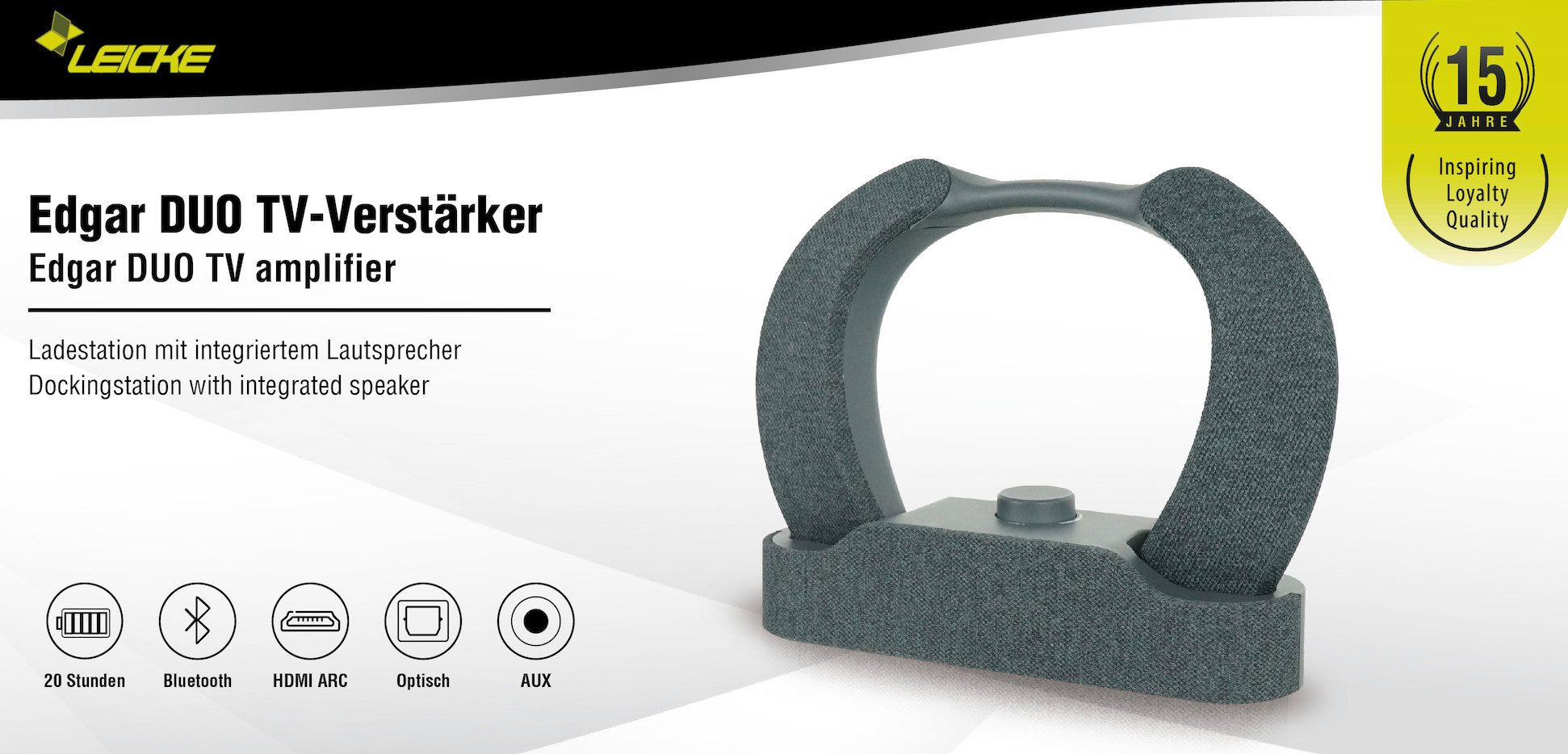 Leicke TV Verstärker EDGAR mit kabellosem Nackenlautsprecher, grau (EP19021) Bluetooth-Lautsprecher (15 W)