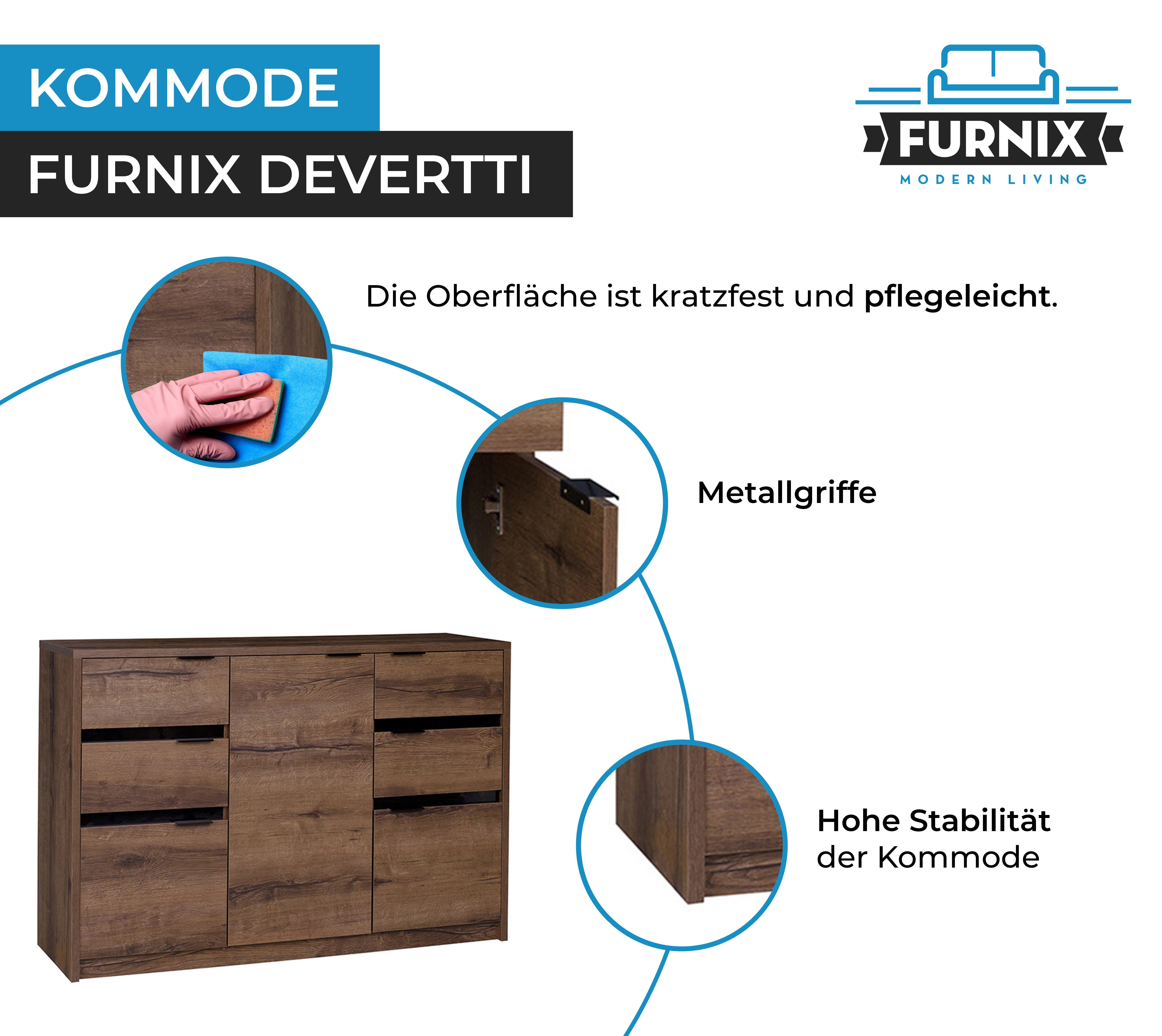 Furnix Sideboard Glanz 3 cm Monastery/Schwarz x DEVERTTI Türen, K3D4SZ geräumiges mit 4 H90 Schubladen T40 und Kommode, x B135