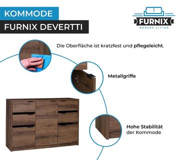 Furnix Kommode, geräumiges Sideboard DEVERTTI K3D4SZ mit 4 Schubladen und 3 Türen, B135 x H90 x T40 cm