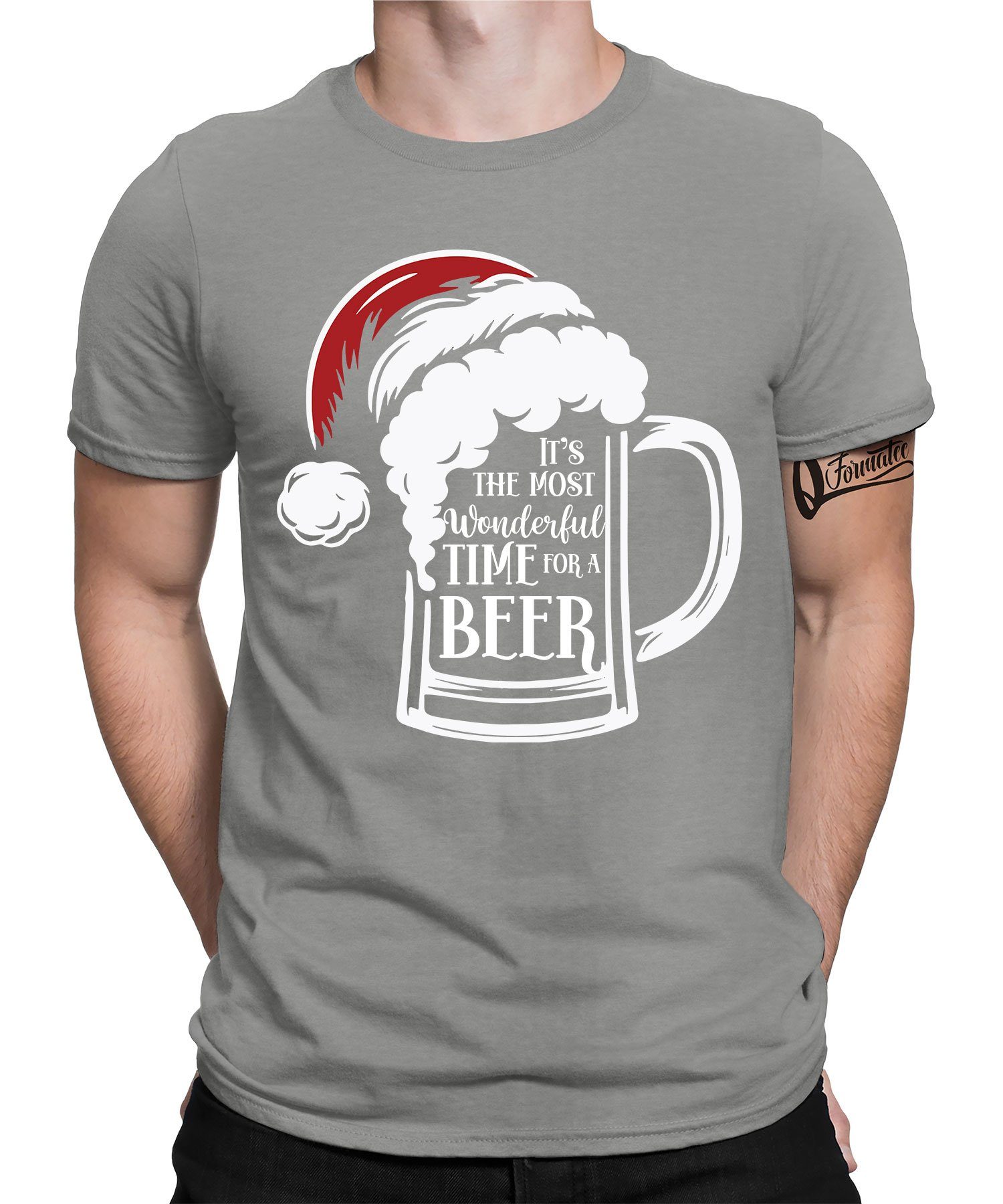 Quattro Formatee Kurzarmshirt Wonderful Beer Time Bier - Weihnachten Nikolaus Weihnachtsgeschenk (1-tlg) Heather Grau