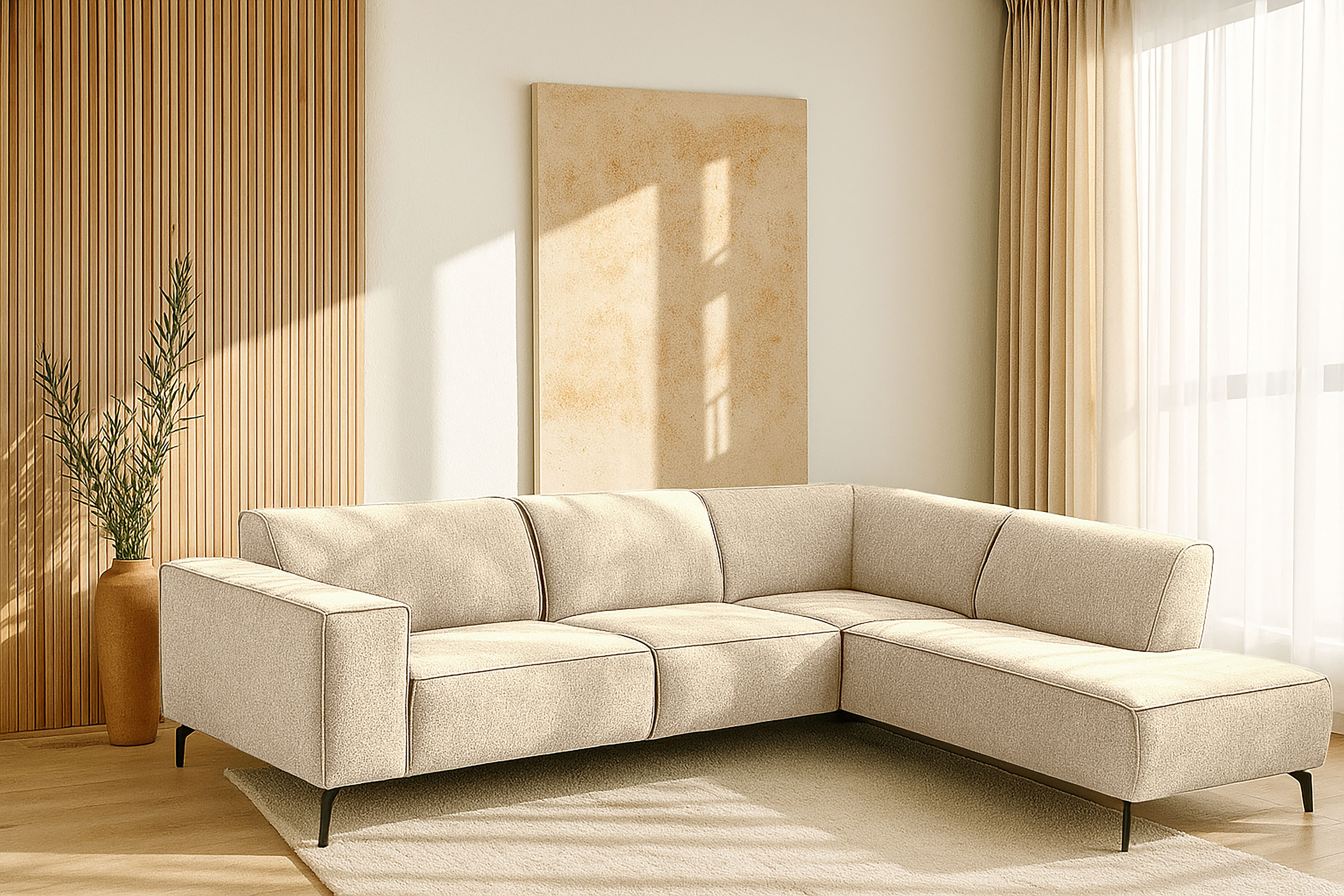 Places of Style Ecksofa Lorcan, Breite 275 cm, weiches Sitzgefühl, mit schwarzen Metallfüßen, Lederoptik und in weichem Strukturstoff