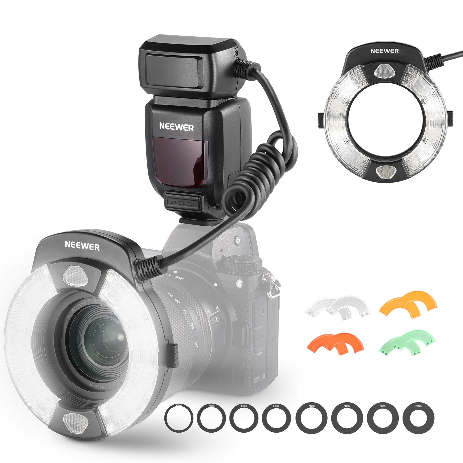 Neewer RF1-N Makro Blitz Ring Blitzlicht für Nikon Kamera, 76W GN15 5600K Blitzgerät, (TTL Beleuchtung 1-1/128 Ausgang Vordere, für Makro Studiofotos)