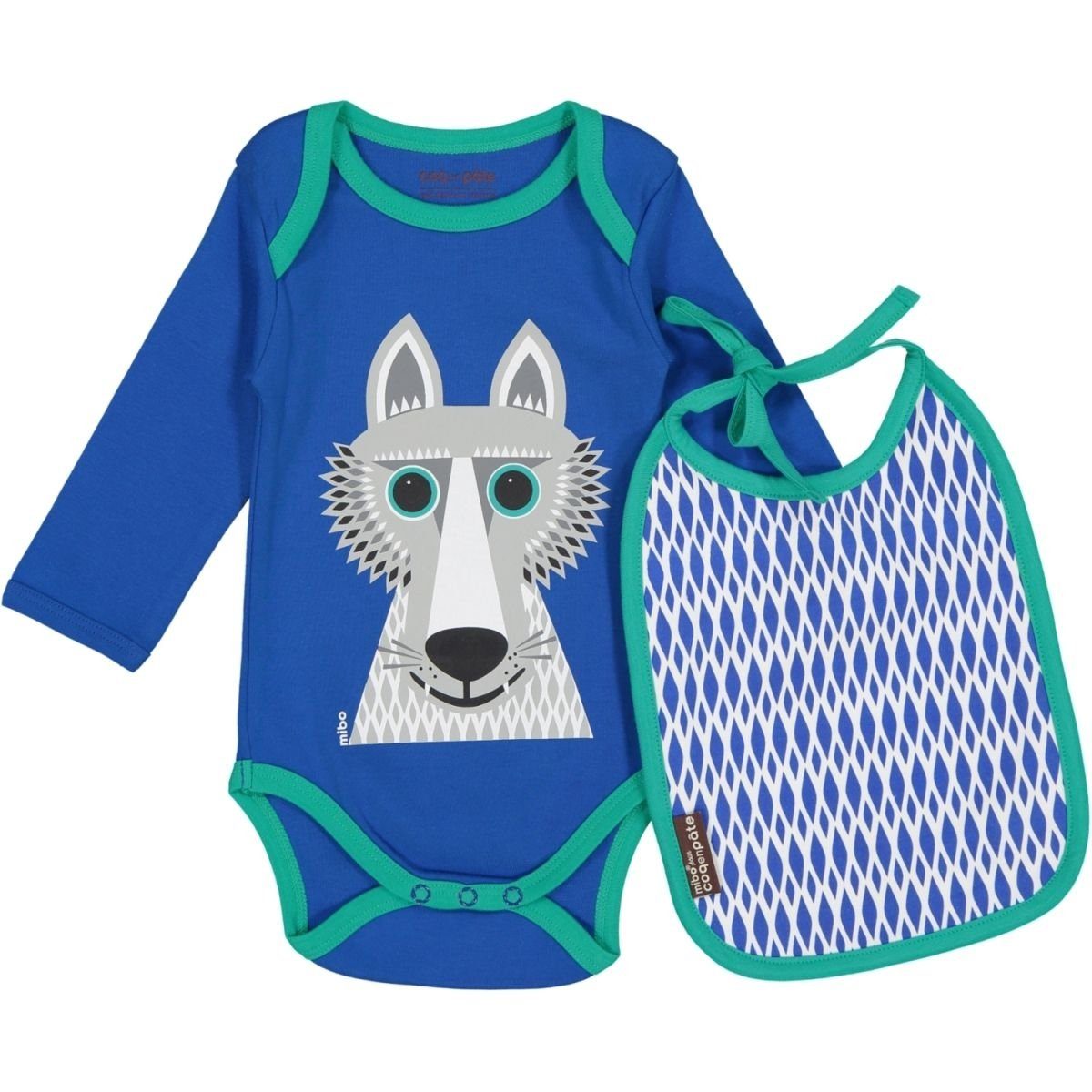 PATE + EN Langarmbody - Monate 74 cm mit Wolf Tiermotiven 9-12 COQ farbenfroh Blau langarm Latz Body