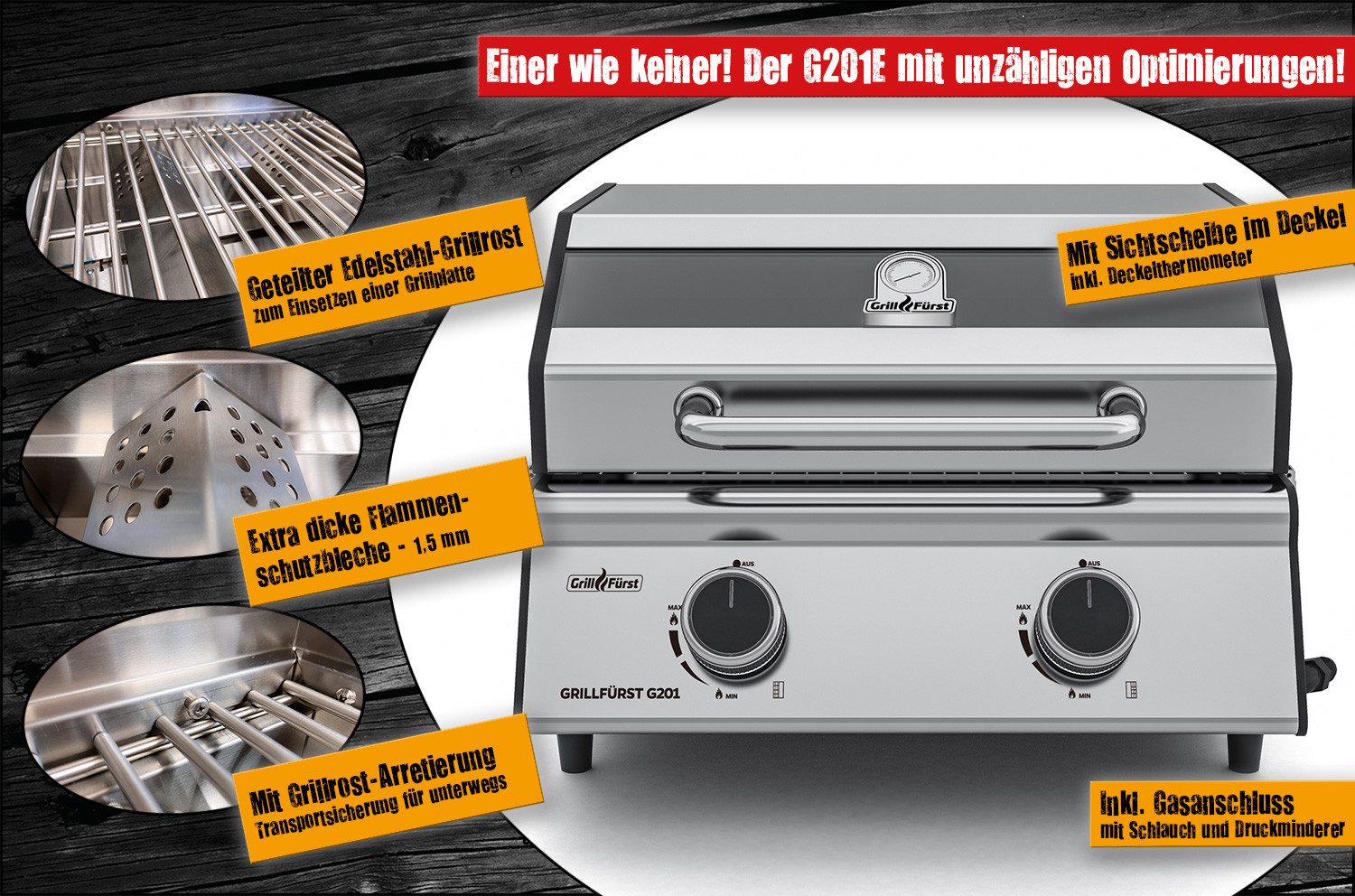 Grillfürst Gasgrill G201E 2-Brenner Balkongrill, bis 350°, geteilte Grillplatte, Tischgrill