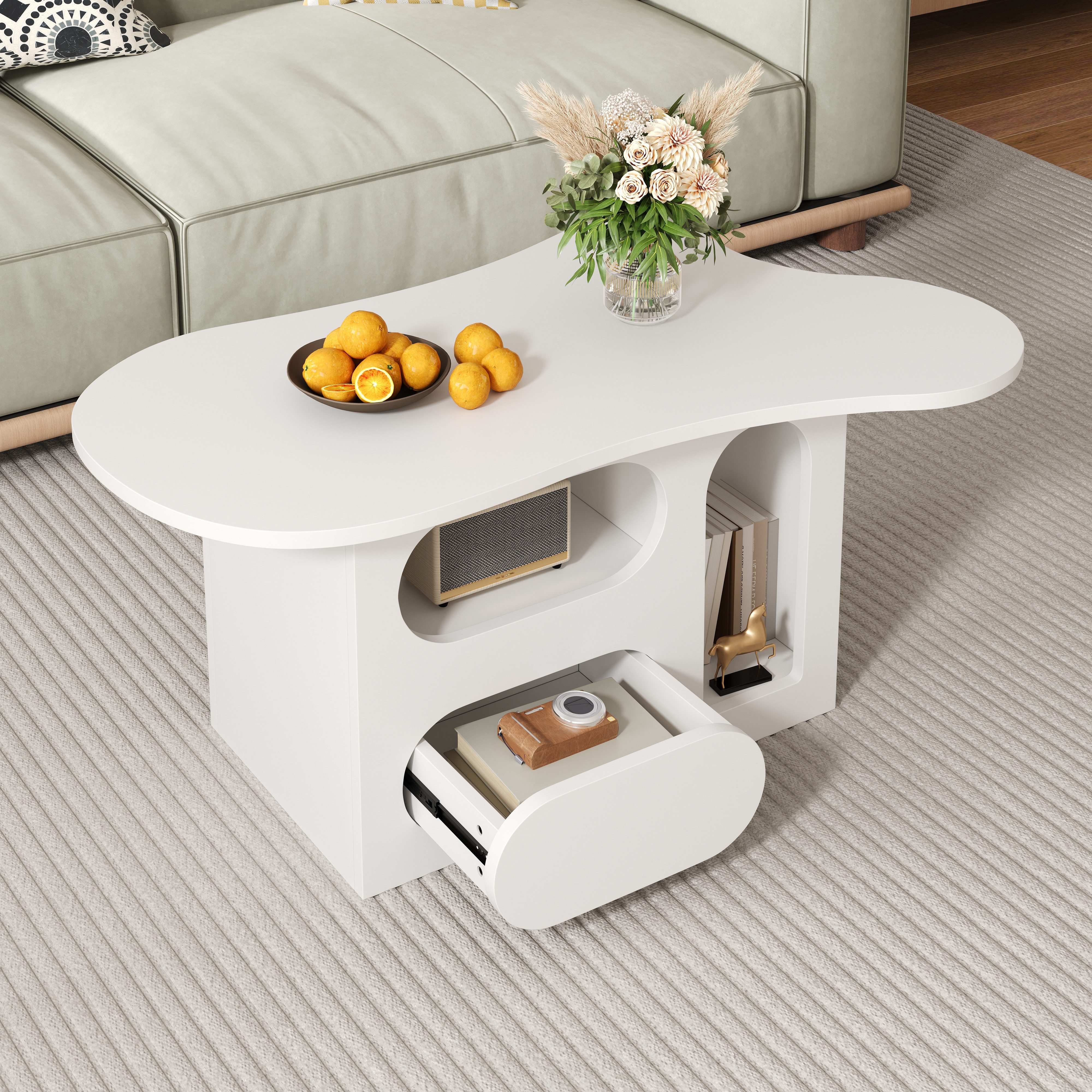EXTSUD Couchtisch Wolkenförmiger Couchtisch mit Schubladen & Ablage, 97×45×43,5 cm, Weiß, mit offenen Ablagefächern, hochwertige Materialien. 97*45*43,5cm