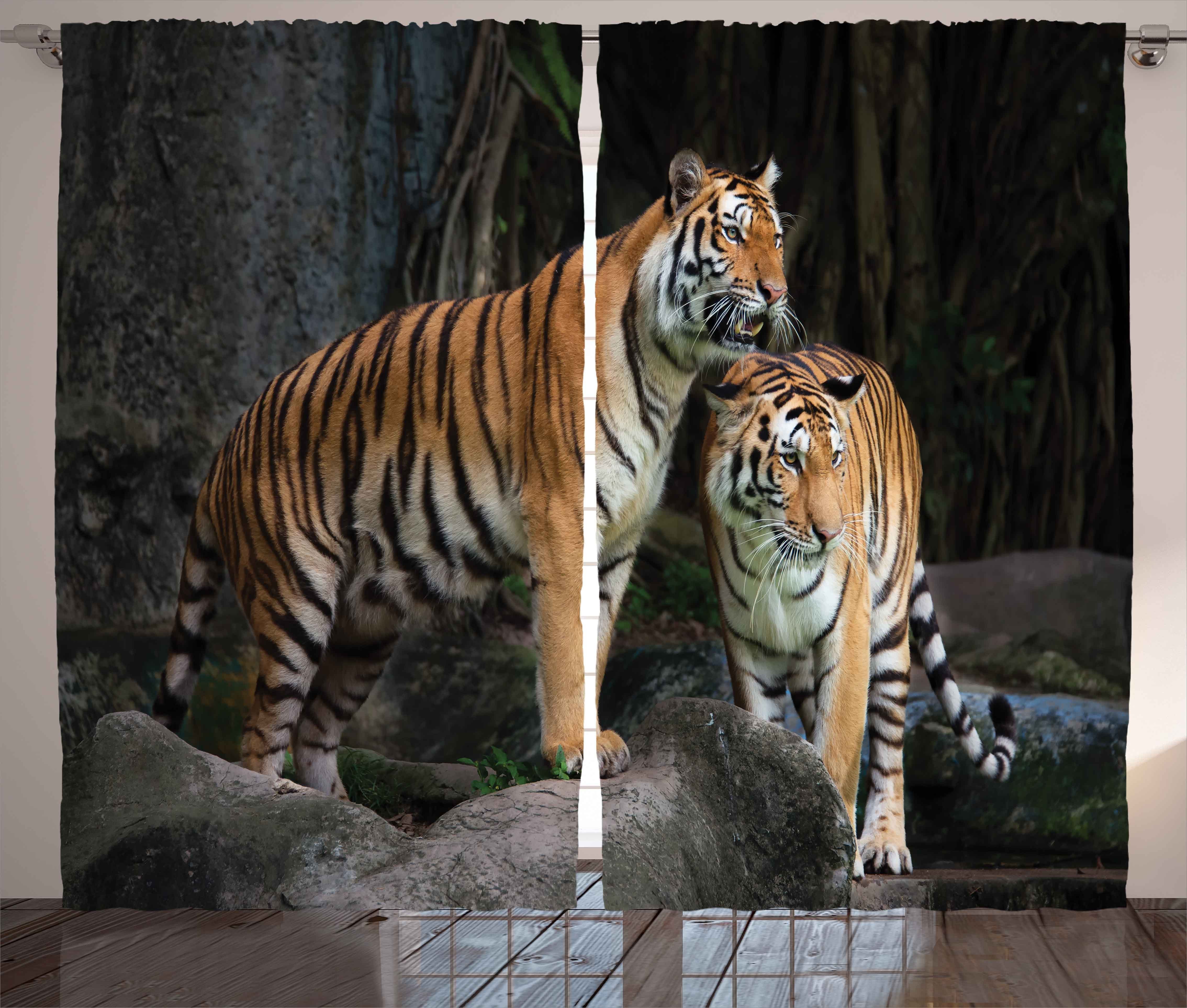 Gardine Schlafzimmer Kräuselband Vorhang mit Schlaufen und Haken, Abakuhaus, Tier Tiger Paar in Jungle