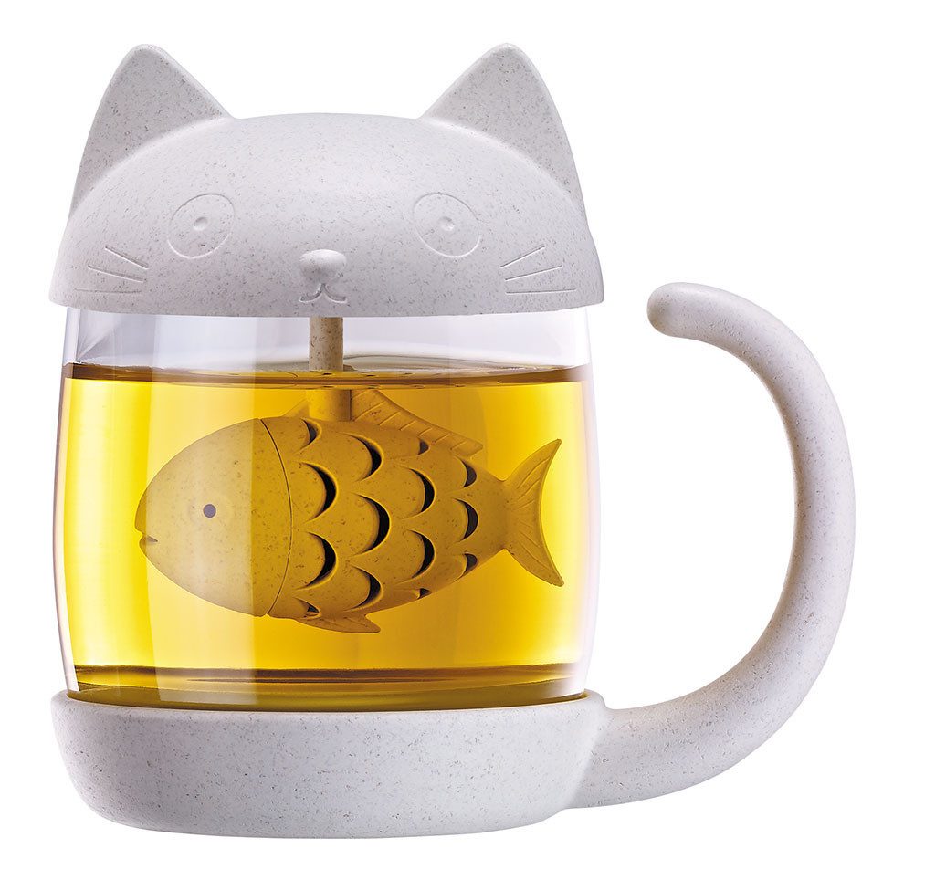 Winkee Teeglas Teetasse Katze mit integriertem Tee Ei, Glas, mit Kunststoff Deckel, für ca. 250 ml