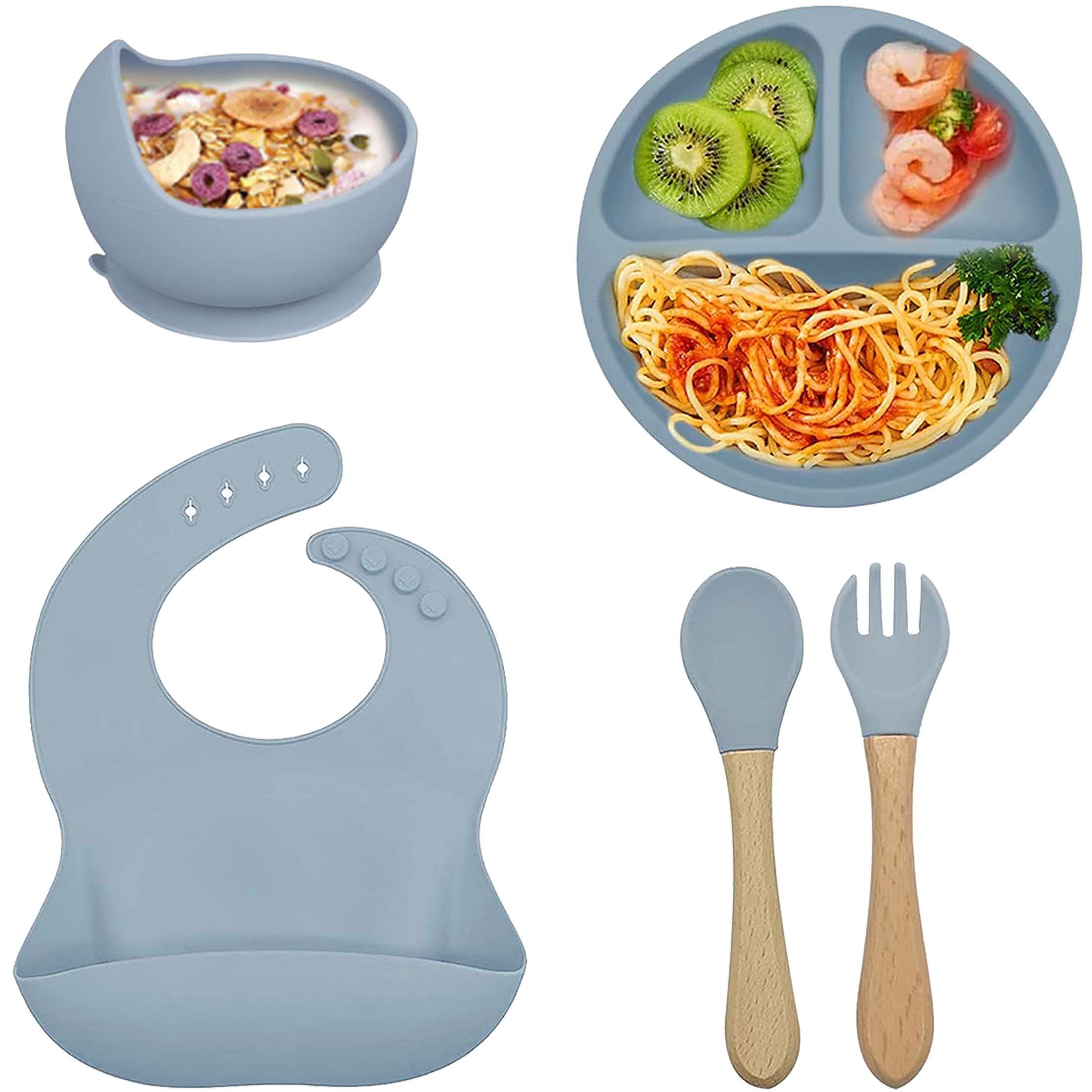 KINSI Kindergeschirr-Set 5er Silikon-Kindergeschirr Set, Babyteller, sicher ohne Schädstoffe, 1 Personen, Kindergeschirr aus Silikon Schüssel, Gabel, Löffel Lätzchen Set