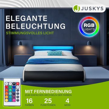 Juskys Polsterbett Sevilla, 140x200 cm, RGB-LED, Kunstleder, weiches Kopfteil, inkl. Matratze