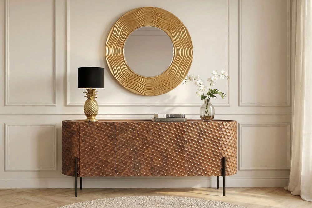 riess-ambiente Wandspiegel CIRCLE 100cm gold - Paulownia-Holz, verzierter Rahmen, lackiert, rund, Dekospiegel aus Massivholz - ideal für Wohn- & Schlafzimmer oder Flur