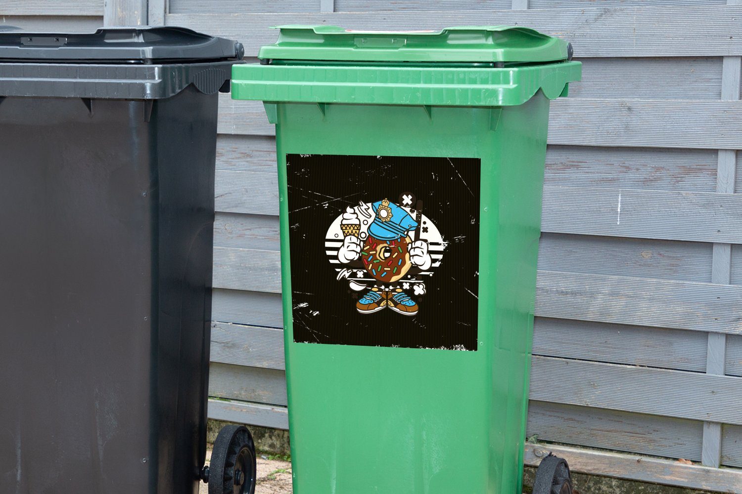 MuchoWow Wandsticker Jahrgang Container, - Sticker, (1 St), - Polizei Mülleimer-aufkleber, Abfalbehälter Mülltonne, Donut