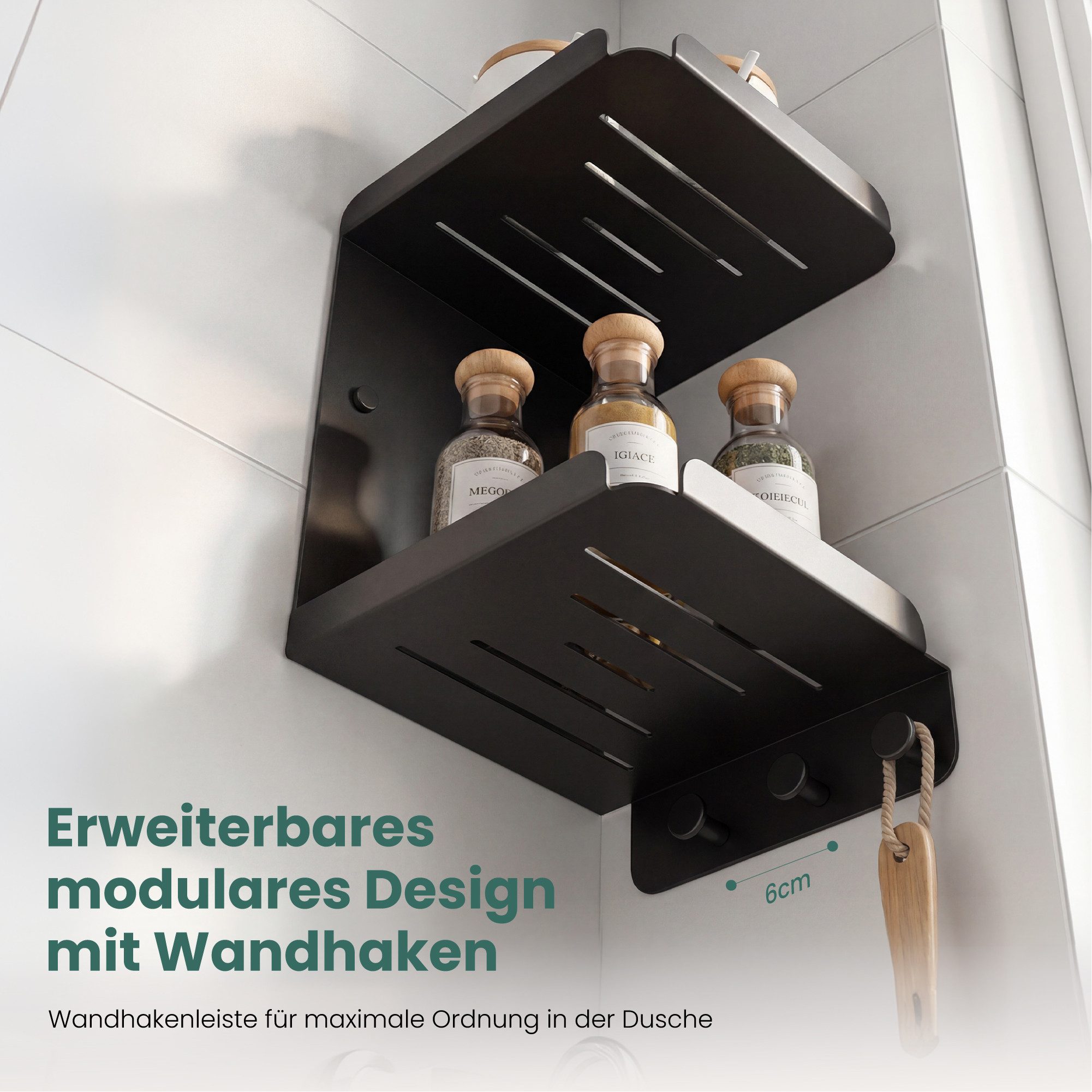 Mai & Mai Duschablage Duschregal 2-stöckig mit 3 Haken Wandmontage 22 x 22 x 33,1cm Reglo-14, Platzsparendes 2-stufiges Eckdesign,mit 3 integrierten Haken