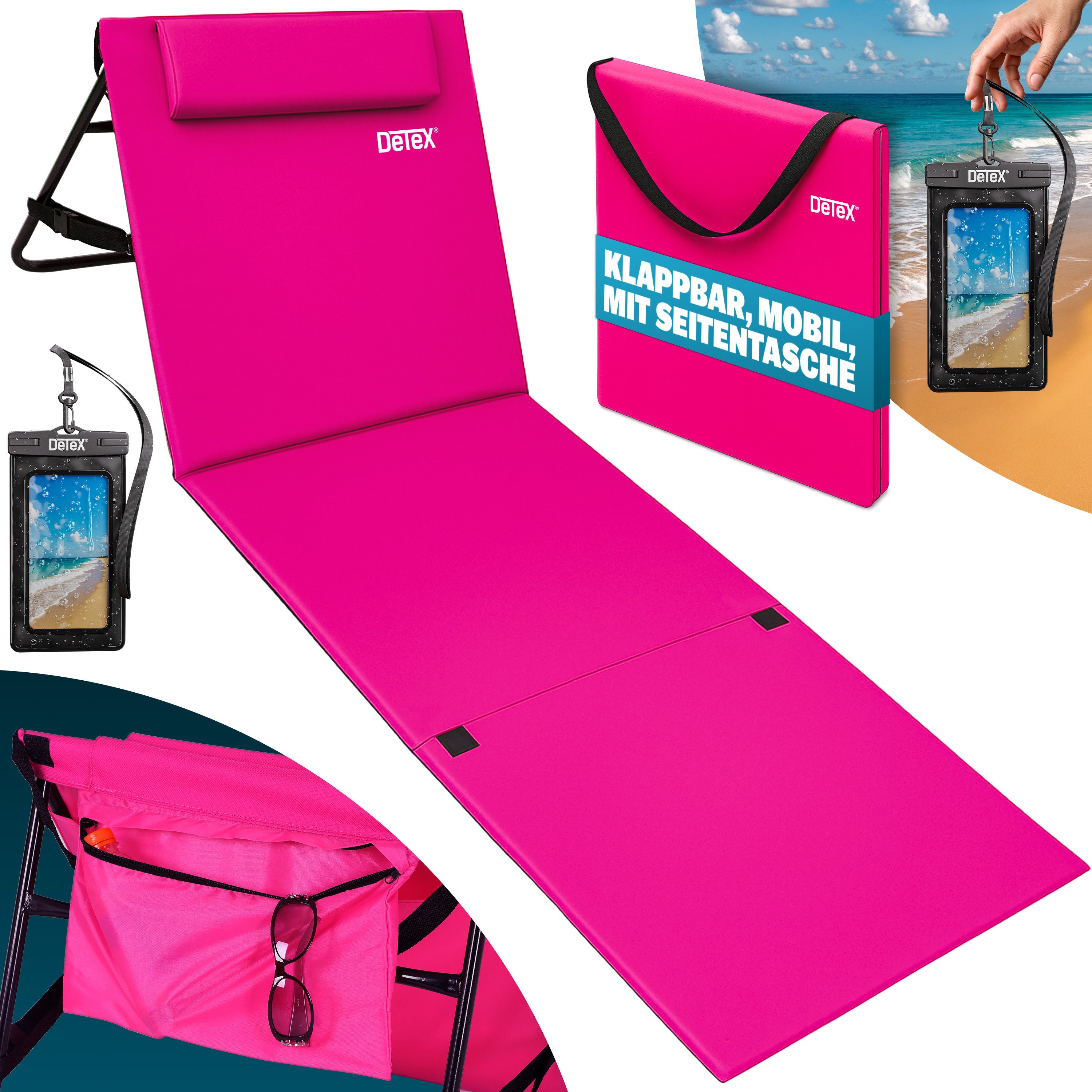 Detex Gartenliege, Rückenlehne Gepolstert Pink Tasche Kissen Tragegurt Garten Camping