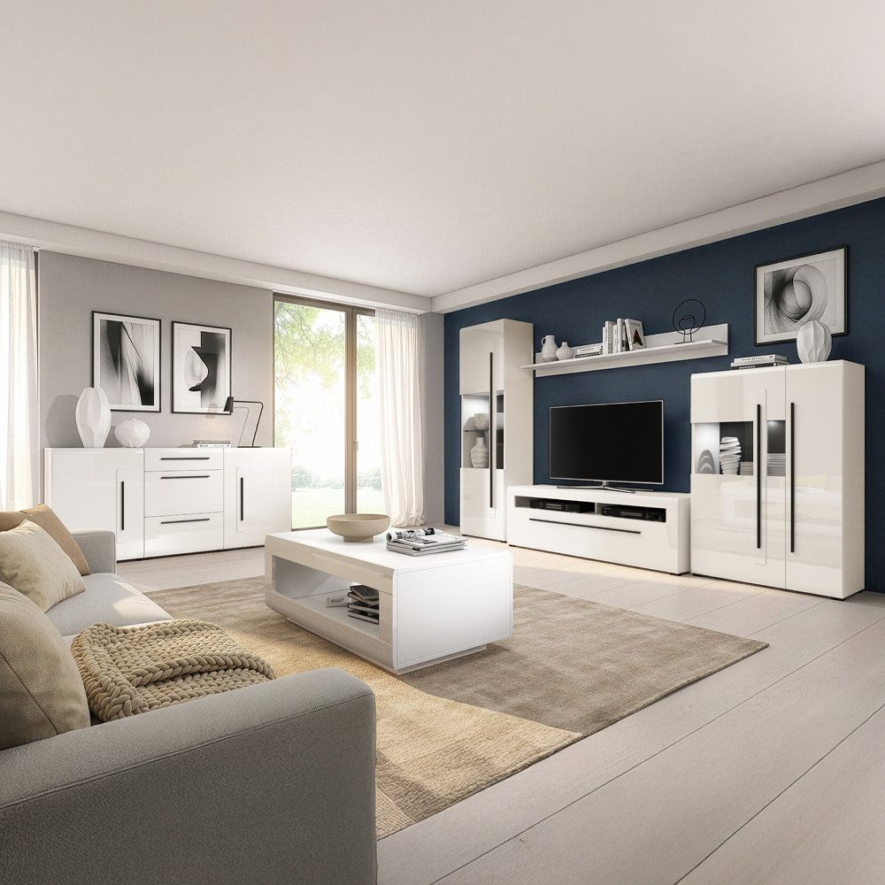 Lomadox Wohnzimmer-Set TURDA-83, (Mega-Spar-Set, 6-St., Couchtisch Highboard Lowboard Sideboard Vitrine Wandregal), weiß Hochglanz modern Metallgriffe Softclose-Türen Beleuchtung