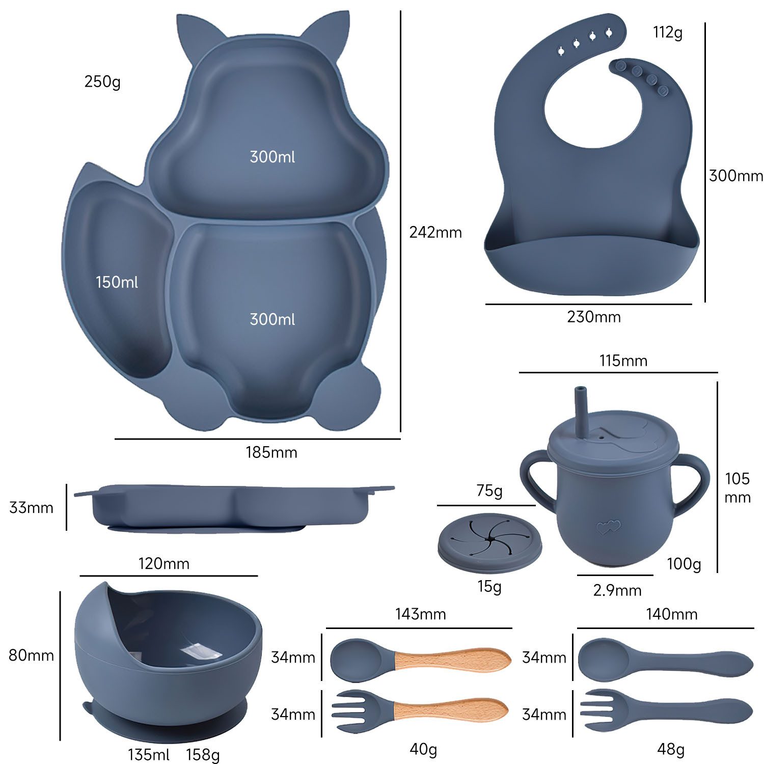 AIMAX Kindergeschirr-Set Baby-Teller 8-teiliges Set Kinderteller mit Saugnapf, Kindergeschirr Teller Lätzchen Schüssel Löffel Gabel Trinkbecher – Bild 2 von 5