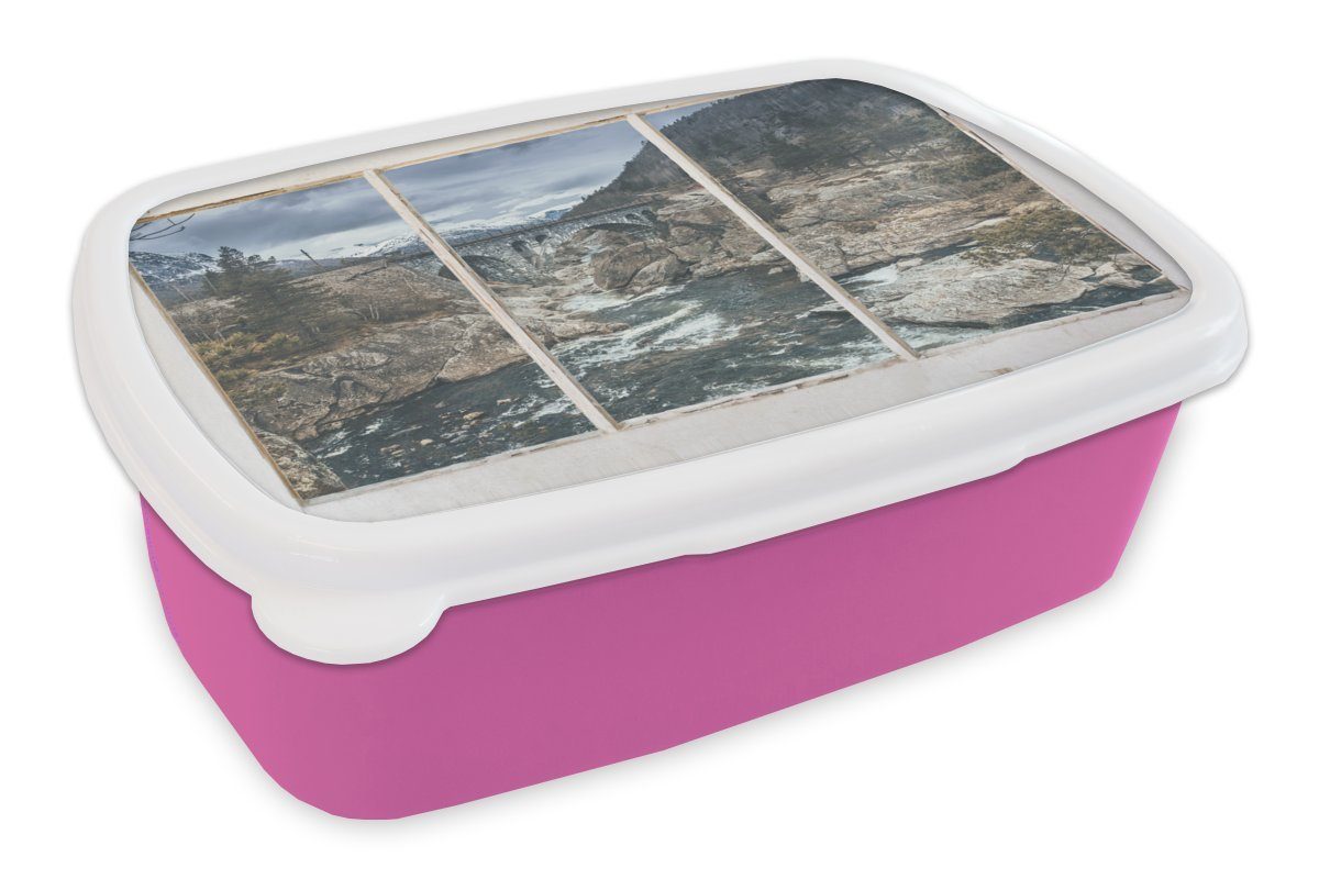 MuchoWow Lunchbox Aussicht - Brücke - Wasser, Kunststoff, (2-tlg), Brotbox für Erwachsene, Brotdose Kinder, Snackbox, Mädchen, Kunststoff rosa