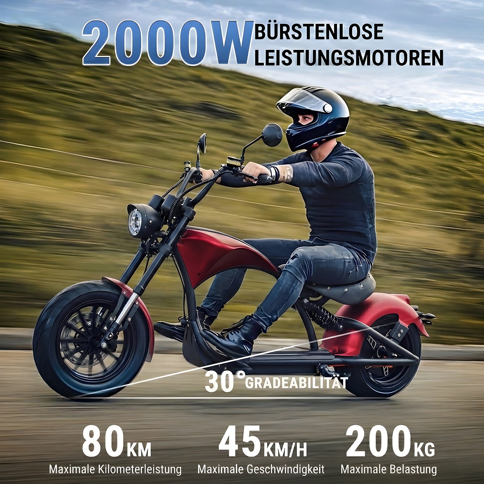Vankel E-Motorroller M1P E-Chopper 2000W, 1800Wh, 80km Reichweite, Retro-Elektro-Scooter, 2000 W, 45 km/h, Straßenzugelassener E-Chopper für Stadt & Freizeit, & 200kg Zuladung