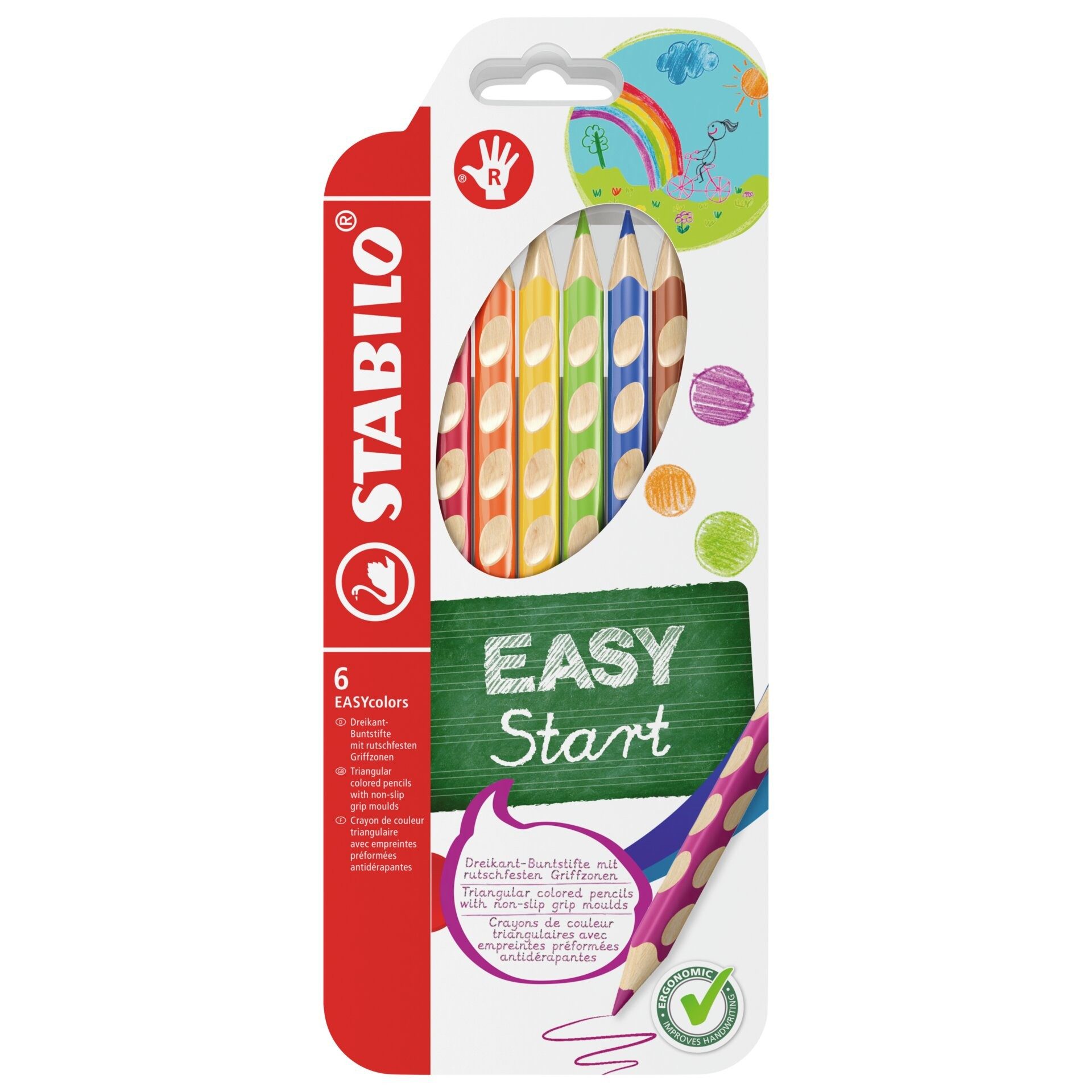 STABILO Buntstift EASYcolors Ergonomische Buntstifte für Rechtshänder 6er Set, Ergonomische Dreikantform mit Griffmulden und Namensfeld