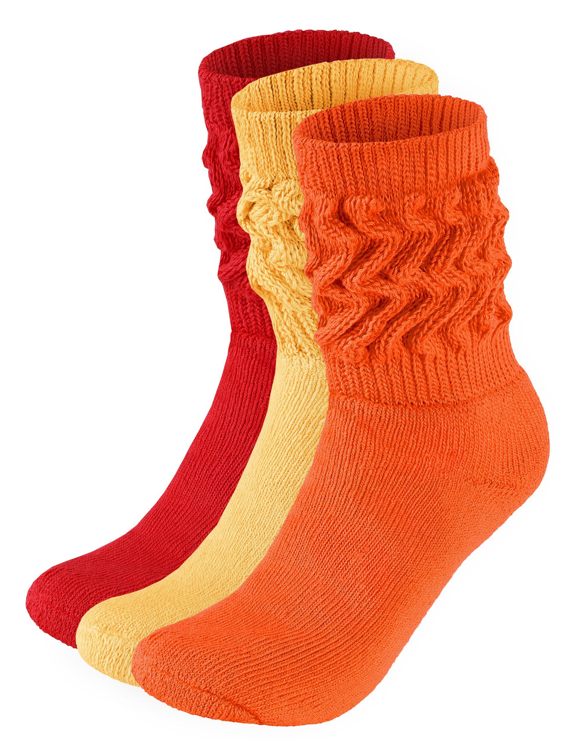 BRUBAKER Schoppersocken 3er Set Slouch Socken - Damen Baumwollsocken für Sport und Freizeit (3-Paar) Lässige Retro-Socken für Frauen - Scrunch Knit Damensocken 1x Rot, 1x Orange und 1x Gelb