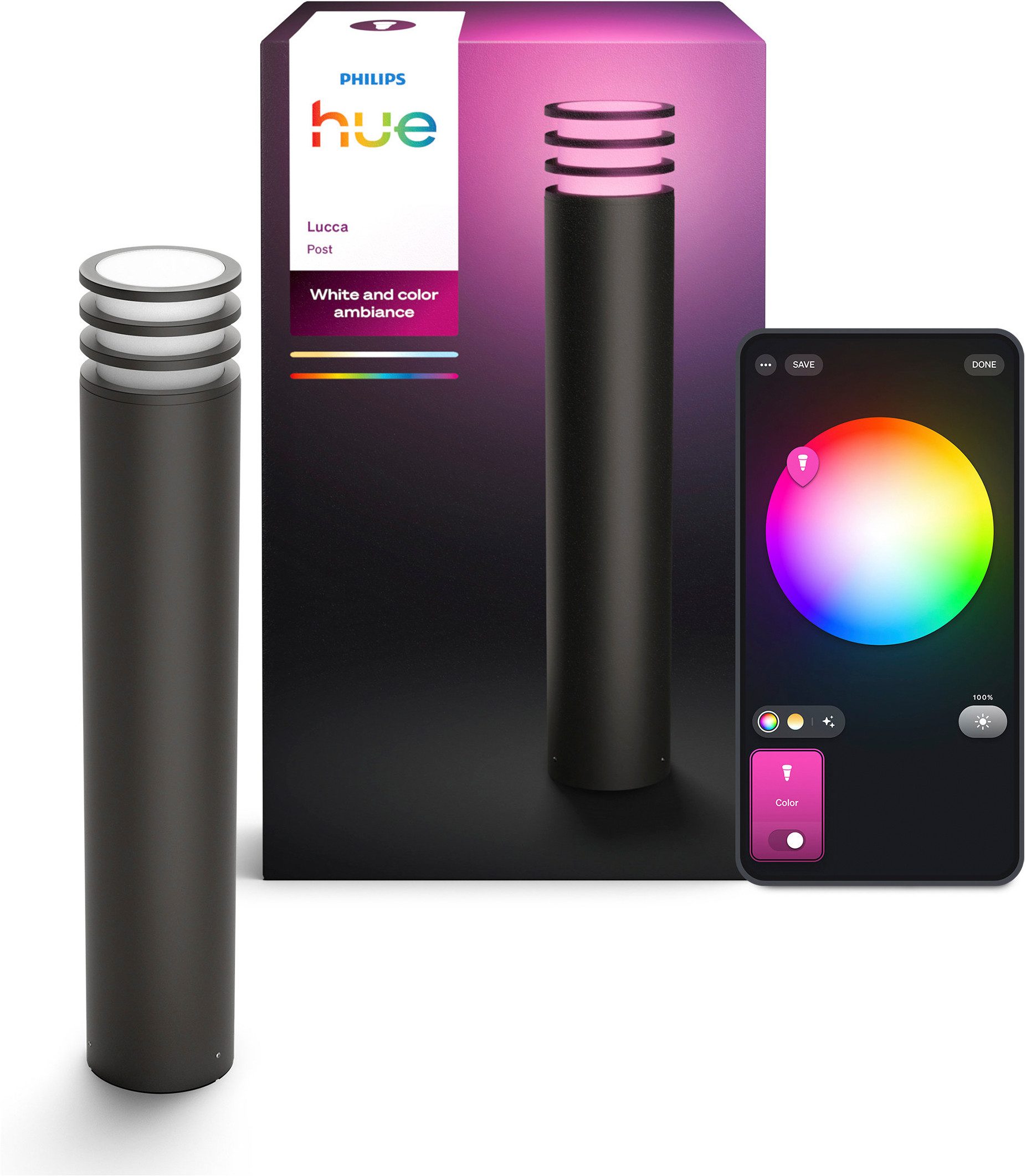 Philips Hue LED Außen-Stehlampe Lucca White & Color Ambiance, Abschaltautomatik, Bluetooth, CCT - über Fernbedienung, Dimmer, Dimmfunktion, Einschlafhilfe, Farbsteuerung, Farbwechsel, Memoryfunktion, Nachtlichtfunktion, RGB, Smart Home, Tageslichtsensor,