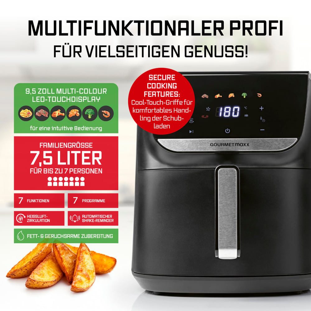 GOURMETmaxx Heißluftfritteuse 7,5l 1700 Watt mit LED-Touch-Display, 1700 W, Airfryer 7 Programme Pommes Steak Minibackofen frittieren ohne Fett
