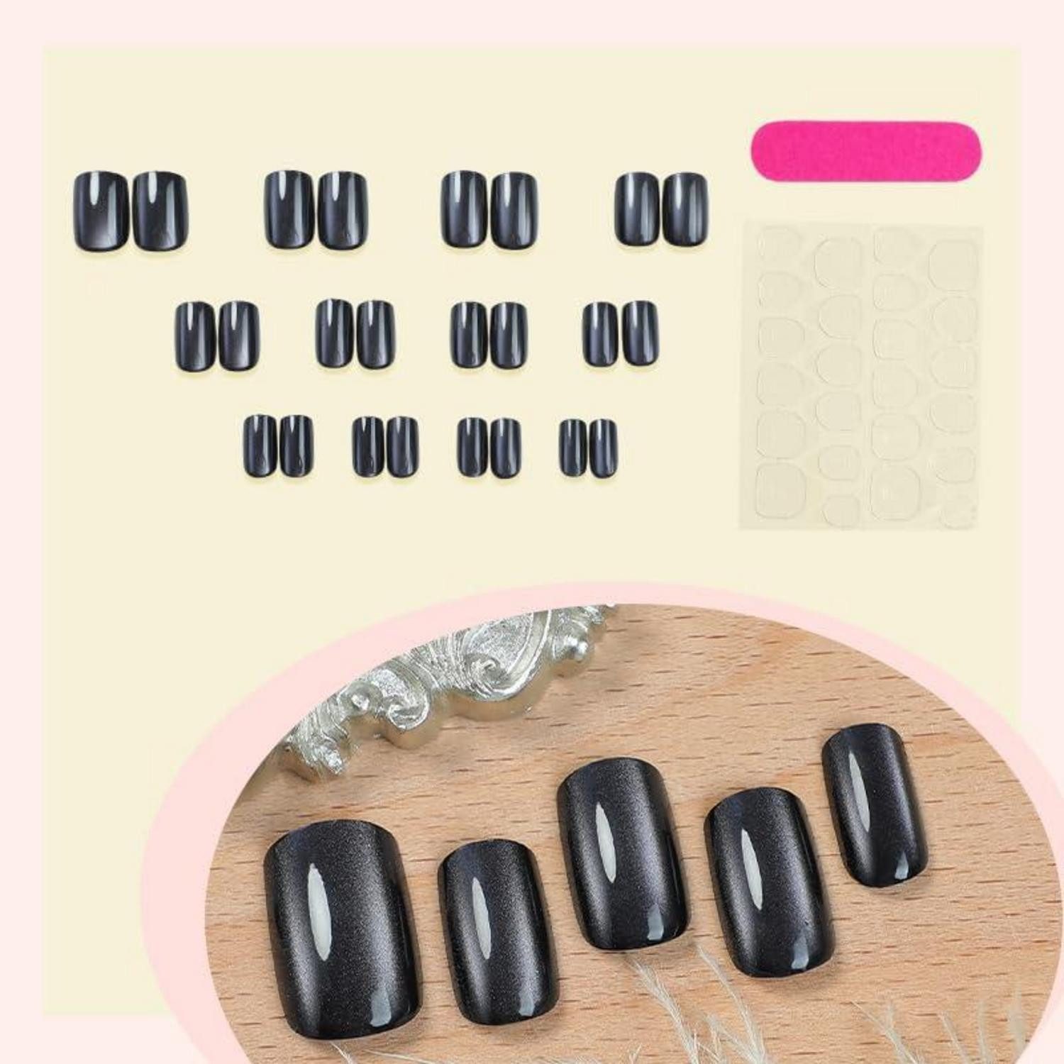 LuxusKollektion Kunstfingernägel Künstliche Fingernägel Eckig Cat Eye Schwarz Magnetic Kurz CA10