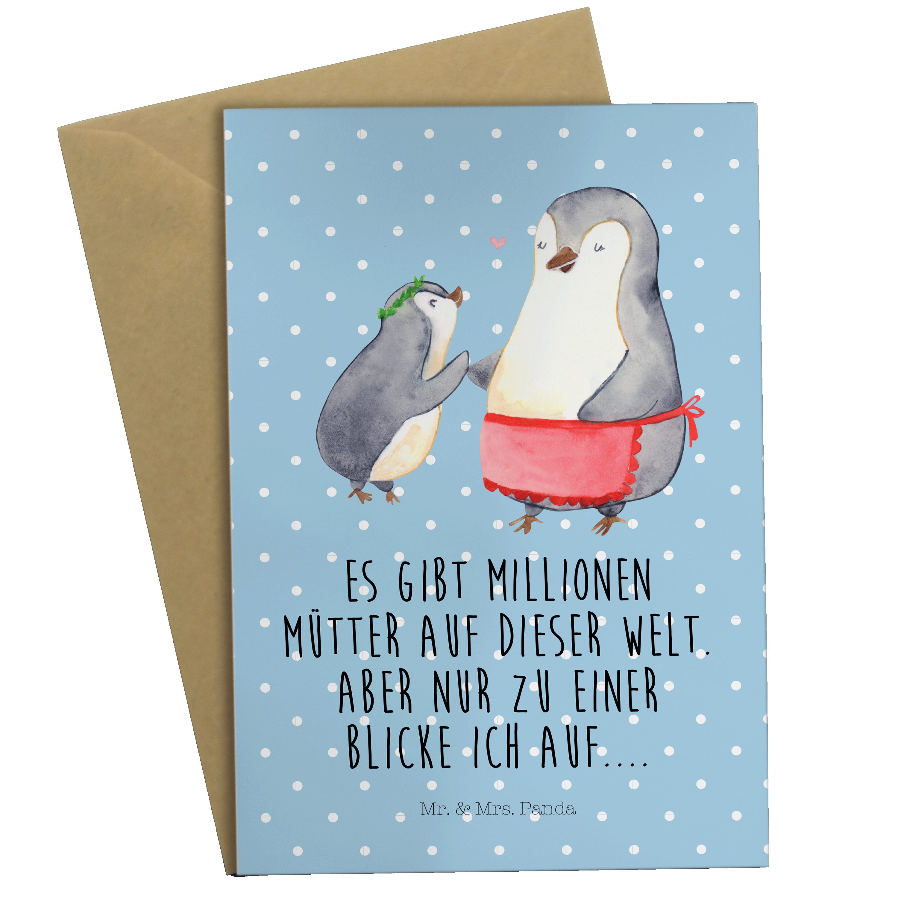 Mr. & Mrs. Panda Grußkarte Pinguin mit Kind - Blau Pastell - Geschenk, Mom, Mama, Papa, Mutterta