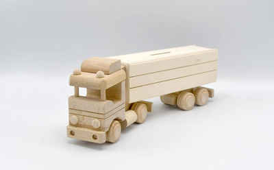 MyBer® Spardose Auto LKW Spardose aus Massivholz mit Anhänger, (2-tlg., mit abnehmbarem Anhänger), Handarbeit, Sparschweinchen Holz, ideales Geschenk