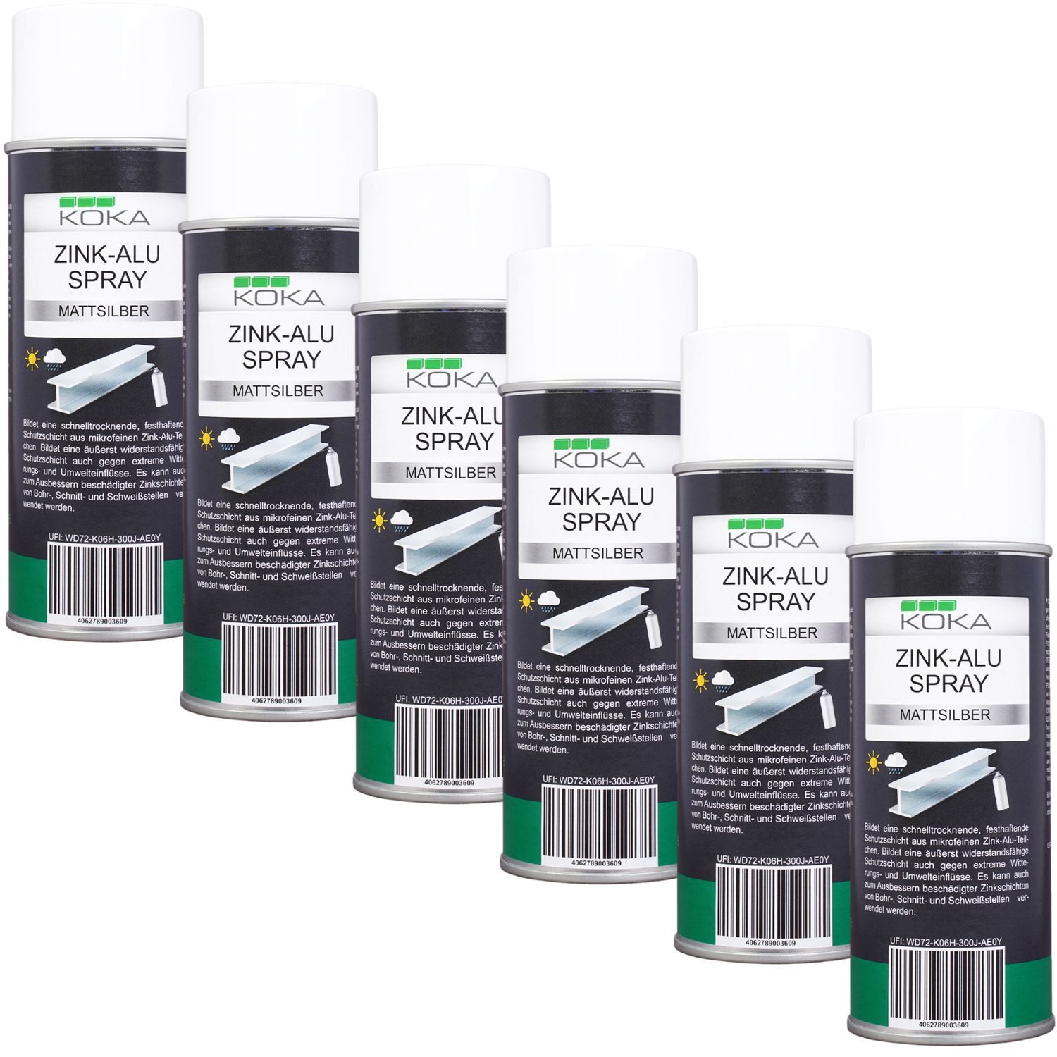 KOKA Sprühlack-Grundierung 6x Zinkspray Zink Alu Spray Hell Silber Matt, 8x 400ml, 8-tlg., 8x 400ml, Rostschutz Korrosionsschutz Grundierung überlackierbar bis +300°C
