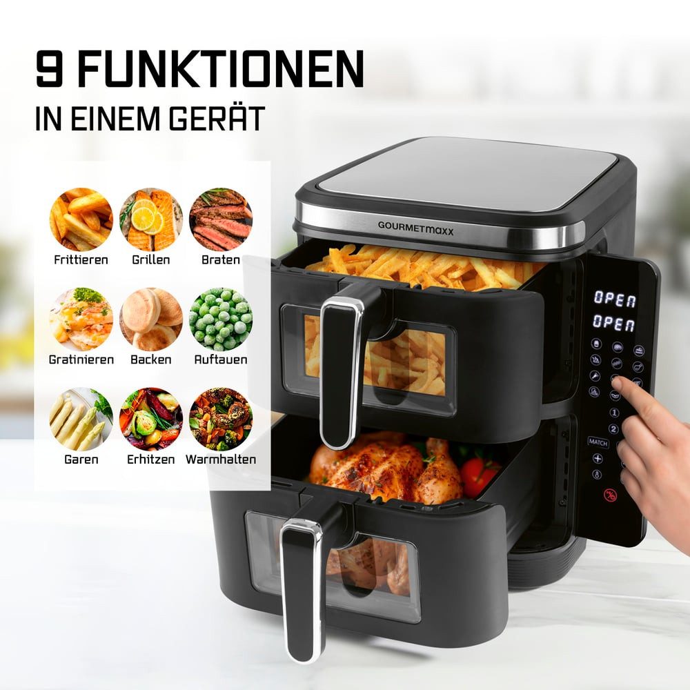 GOURMETmaxx Heißluftfritteuse FryUp Vertikale Doppelkammer-Heißluftfritteuse, 10 l - Touchscreen, Sichtfenster, 2800 W, Power von 2 Fritteusen in einem mit Sich – Bild 5 von 5