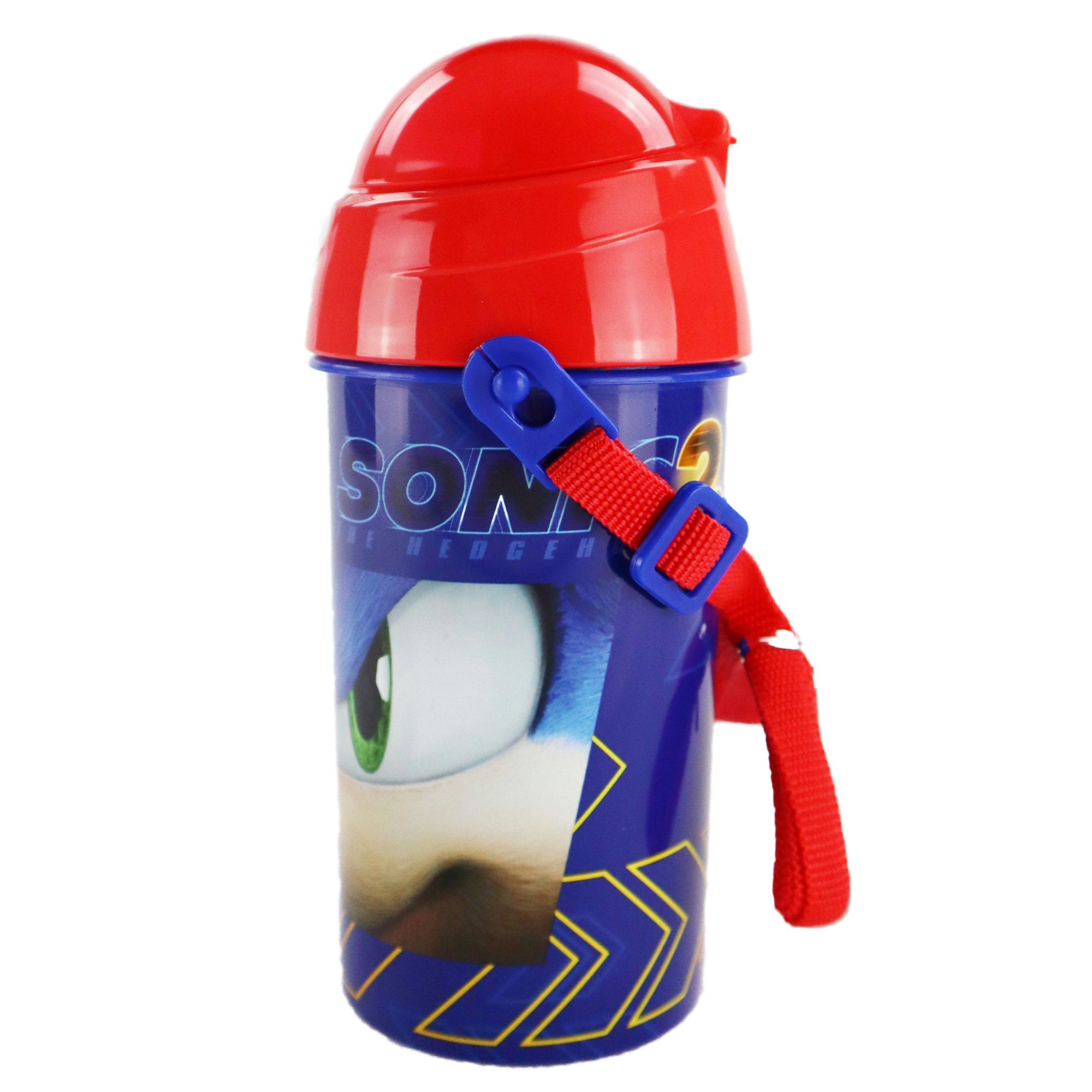 Sonic SEGA Trinkflasche Trinkhalm The ml und Hedgehog mit integriertem Sonic Wasserflasche, 500 Tragegurt Flasche