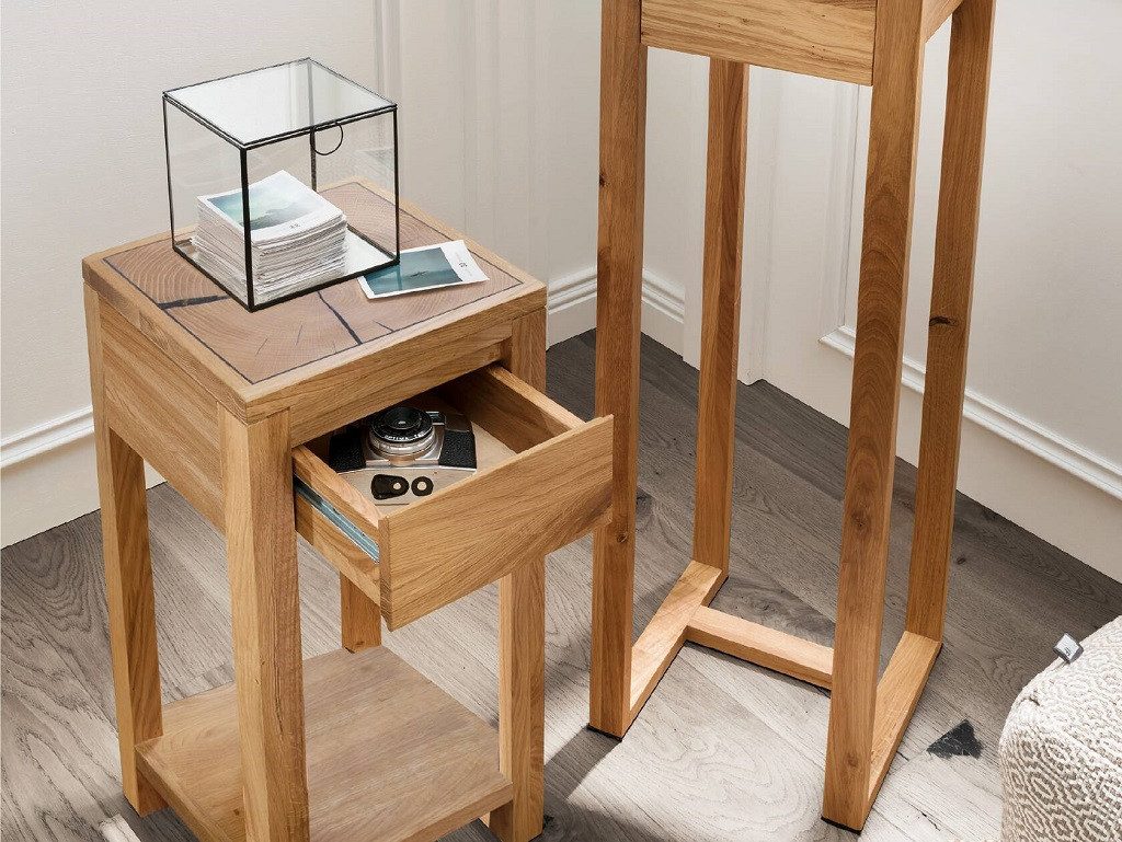 Main Möbel Beistelltisch Blumensäule 30x60 cm Wildeiche massiv Danzig II, Hirnholzelement in der Deckplatte