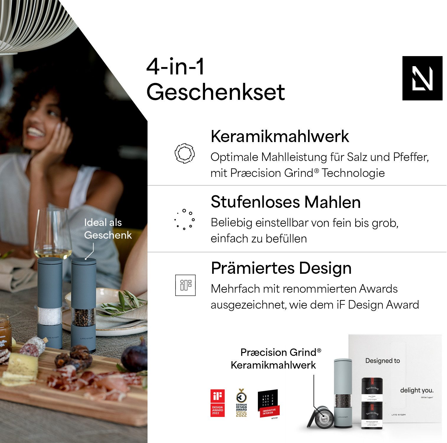 LARS NYSØM Gewürzmühle Lagom manuelle Bedienung, (2 Stück), Hochwertiges Geschenkset mit 2 Mühlen und 2 Gewürzen