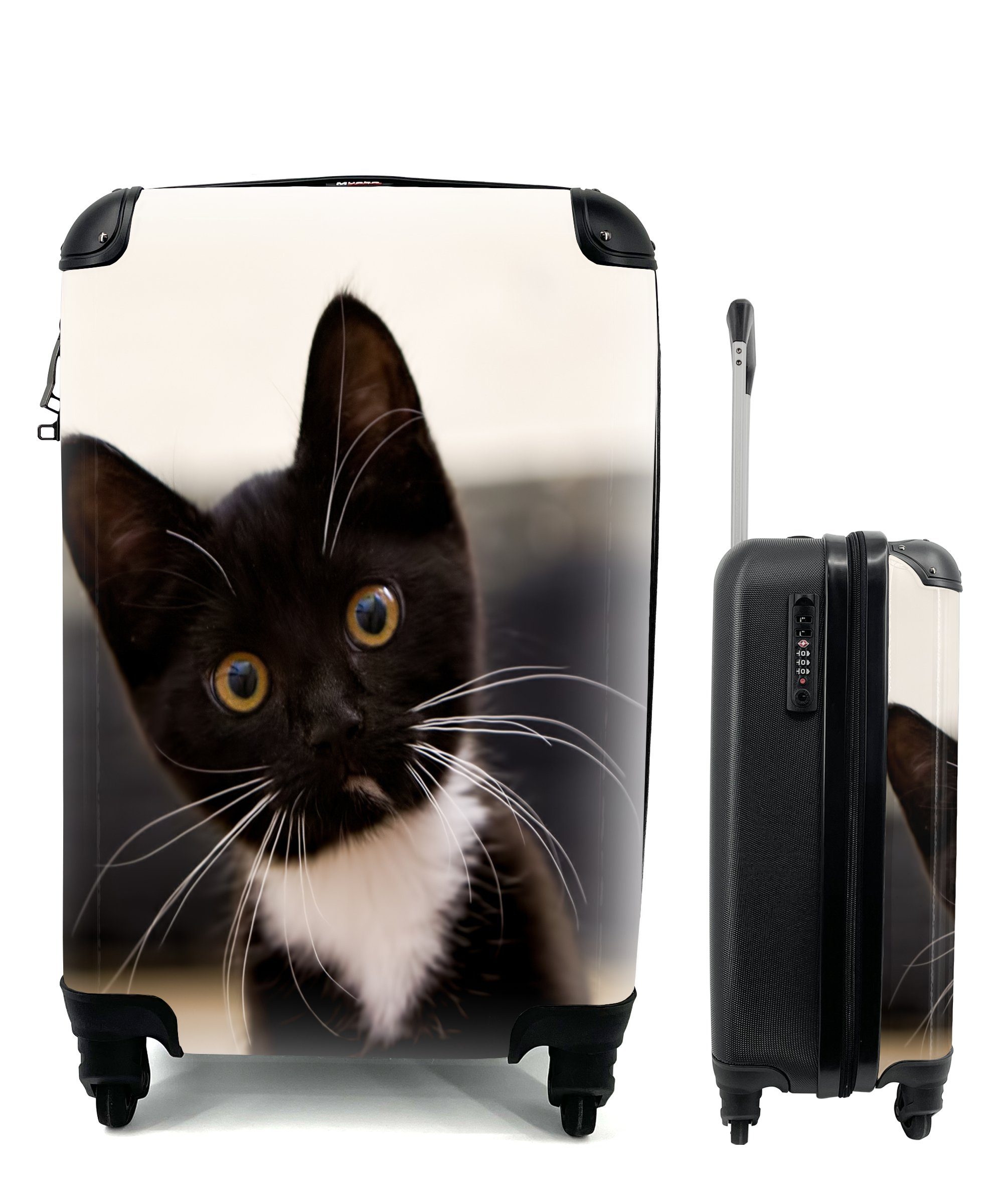 MuchoWow Handgepäckkoffer Eine Nahaufnahme eines schwarz-weißen Kätzchens, 4 Rollen, Reisetasche mit rollen, Handgepäck für Ferien, Trolley, Reisekoffer