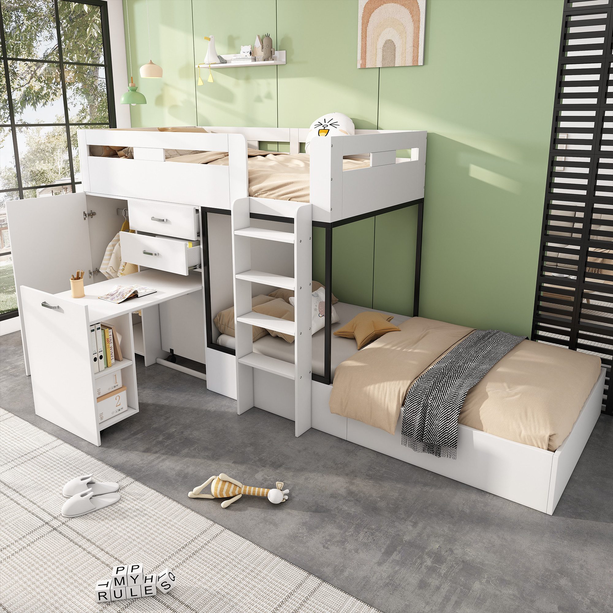 Flieks Etagenbett, Kinderbett 90x200cm mit ausziehbarem Tisch, Garderobe, g günstig online kaufen