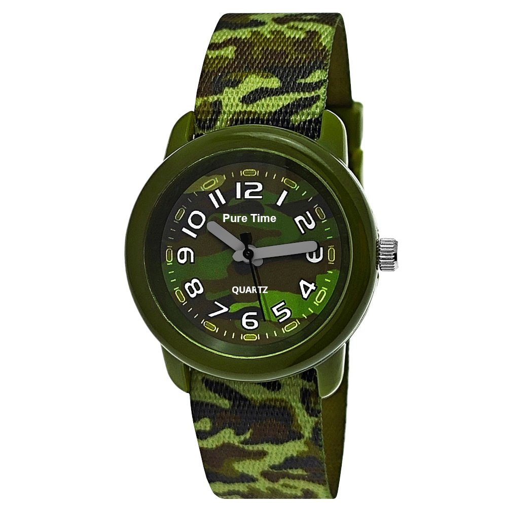 Pure Time Quarzuhr Camouflage Tarn Kinder Textil Armbanduhr, Kinderuhr in oliv grün