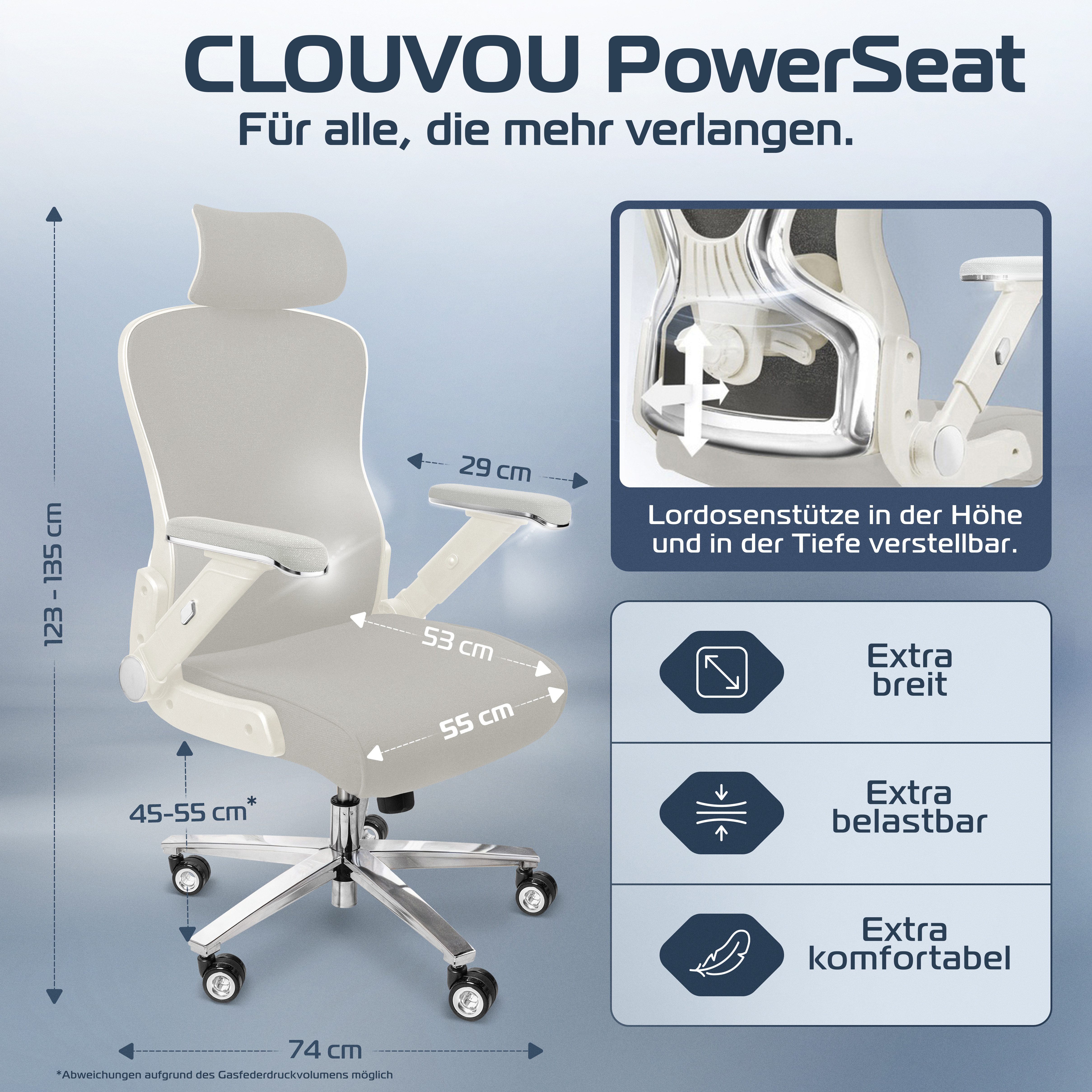 CLOUVOU Bürostuhl Ergonomisch, Schreibtischstuhl bis 150 kg - Testsieger (PowerSeat - Chefsessel für Arbeitszimmer, 5D Gaming Armlehnen), Blade Wheels, Homeoffice, Gaming Stuhl, Drehstuhl), Blade Wheels, Homeoffice, Gaming Stuhl, Drehstuhl