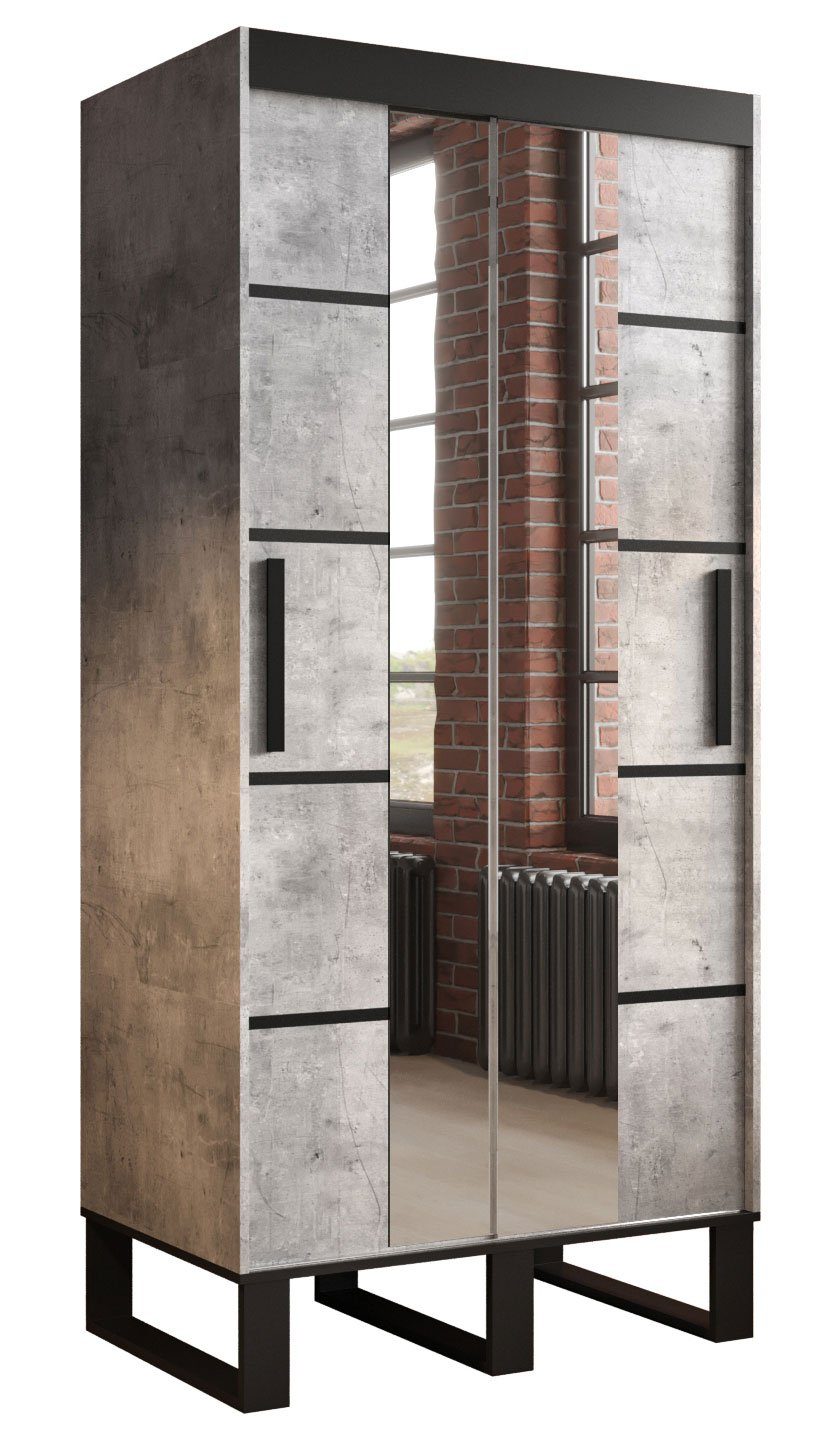 (Loft) beton Loft Schubladen mit Zierleisten, Spiegel schwarz Feldmann-Wohnen / Breite Schiebetürenschrank wählbar und
