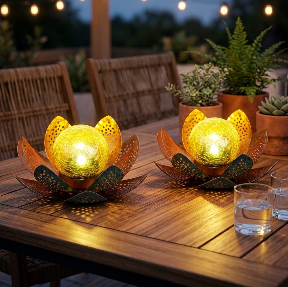 GLOBO LIGHTING LED Solarleuchte, LED-Leuchtmittel fest verbaut, Kaltweiß, Tageslichtweiß, 2x Solarleuchte Garten Außenlampe Deko Lotusblume Glas LED D 22 cm