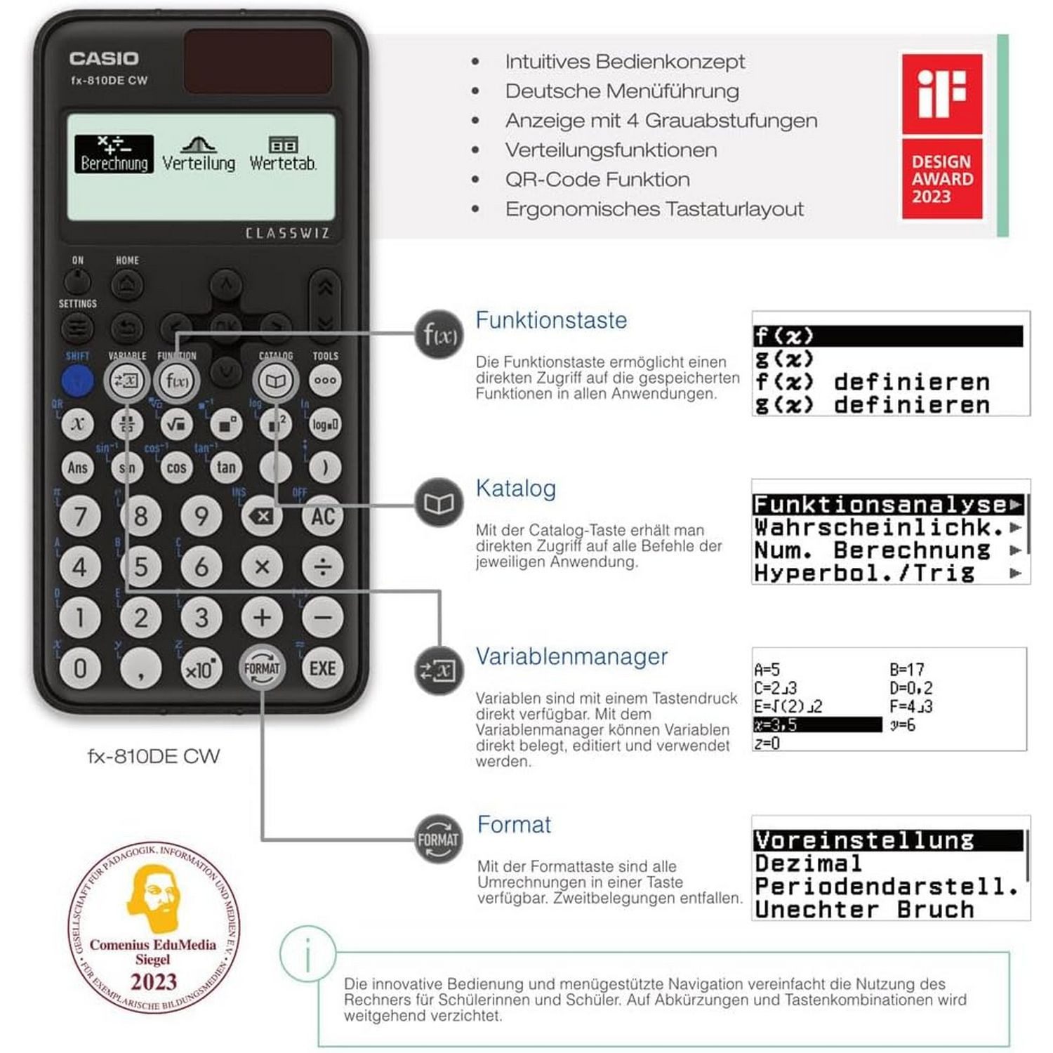 CASIO Taschenrechner CASIO Schulrechner FX-810 DE CW 274 Funktionen, Solar/Batterie