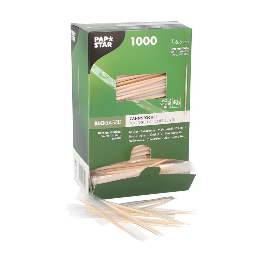 PAPSTAR Zahnstocherspender Zahnstocher, Holz gehüllt rund 6,5 cm mit Menthol 12000 Stk