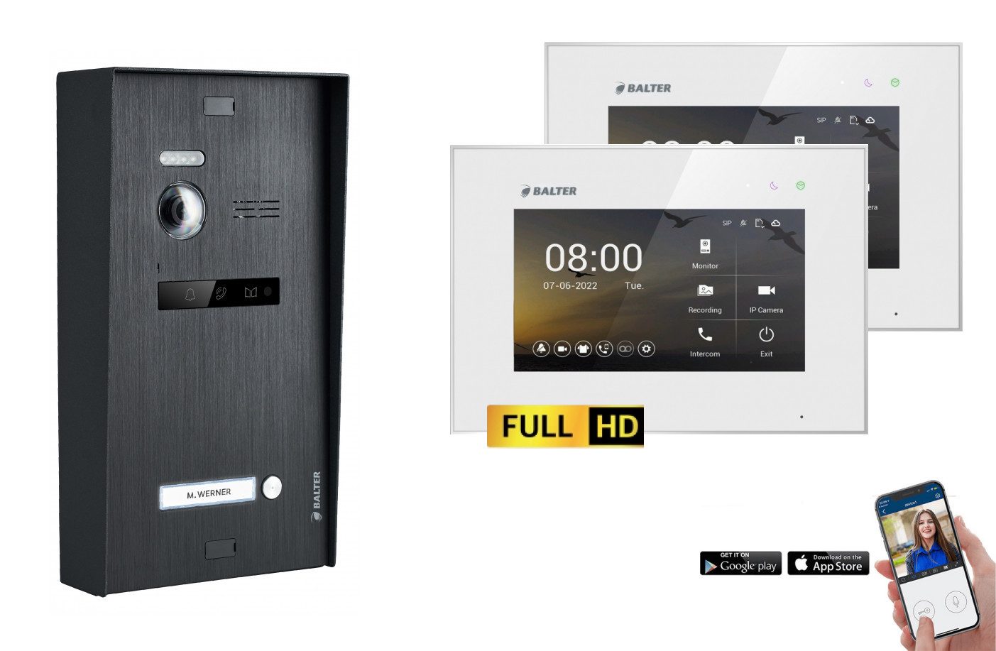 Balter Video-Türsprechanlage BALTER EVO-HD Aufputz Türsprechanlage 1-Familienhaus Schwarz Weiß (Set, 1-Familienhaus, Komplettset, Full HD 175° Kamera, App-Steuerung)