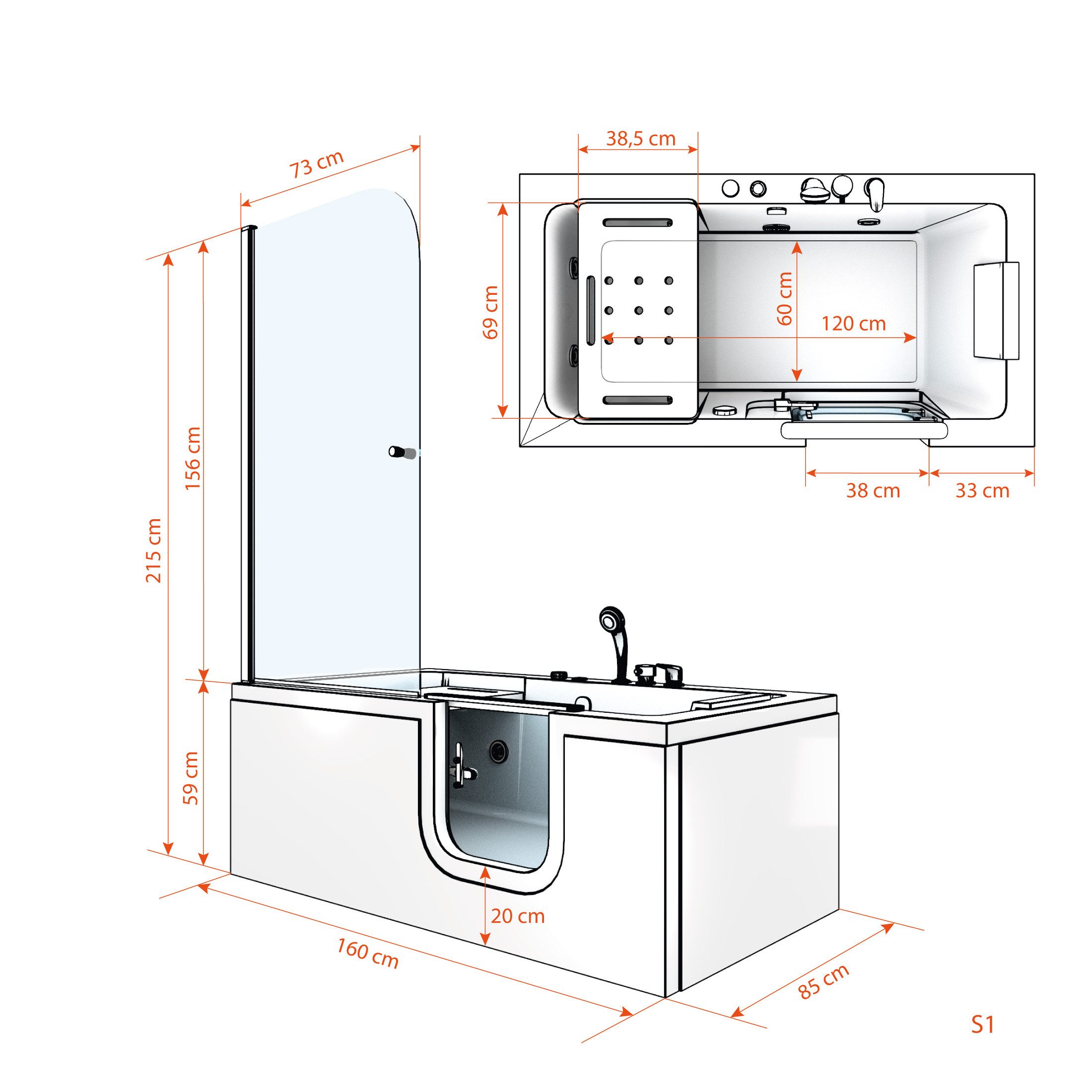 AcquaVapore Komplettdusche Seniorendusche und Sitzwanne Kombination Wanne mit Tür S15D-TH-R-ALL, Sicherheitsglas ESG, inklusive Duschwanne – Bild 5 von 5