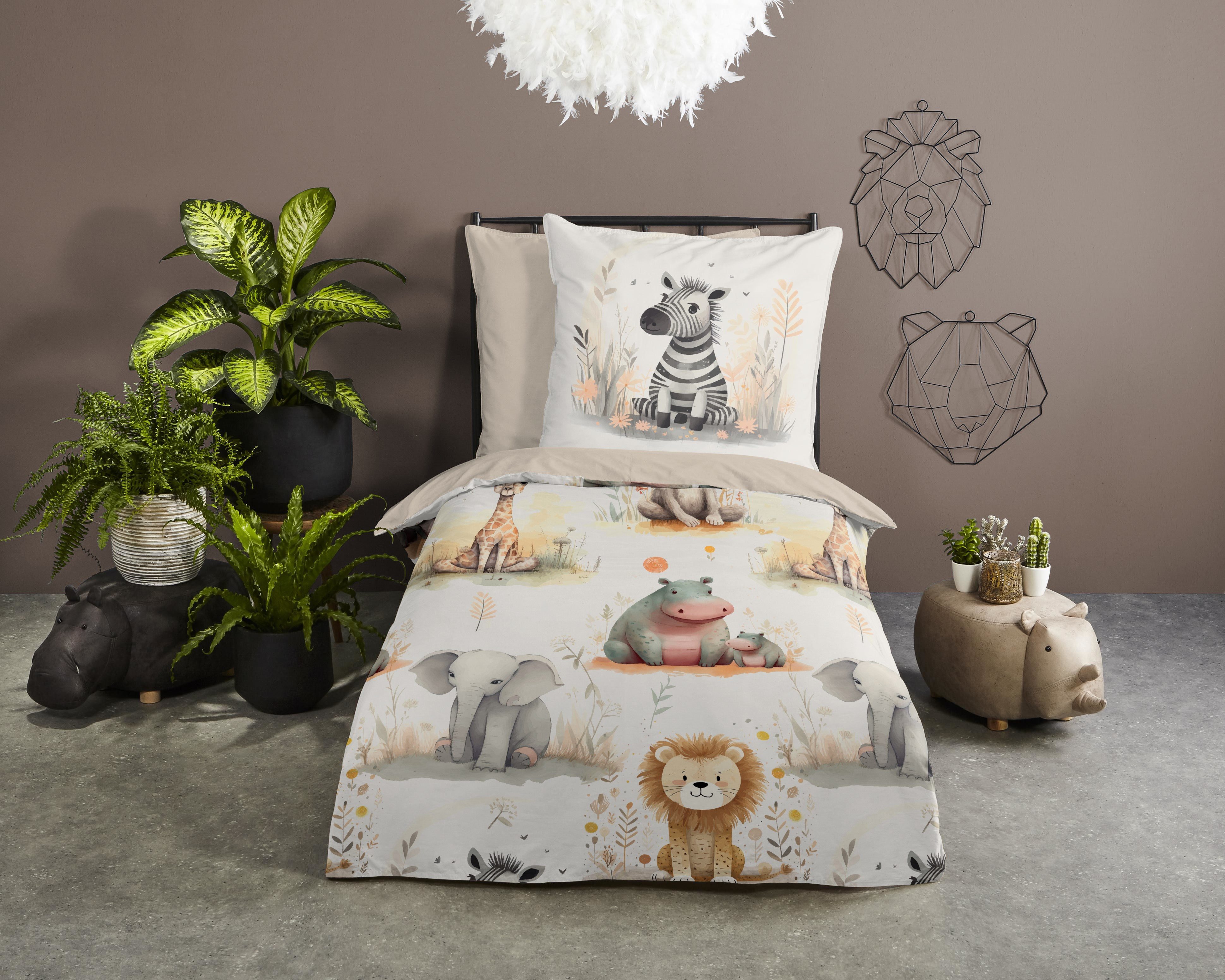 PURE luxury collection Kinderbettwäsche Pete, Microfaser, 2 teilig, Mikrofaser, 135x200, 2 Teilig, Wendeoptik, Kind, Tiere, Sand