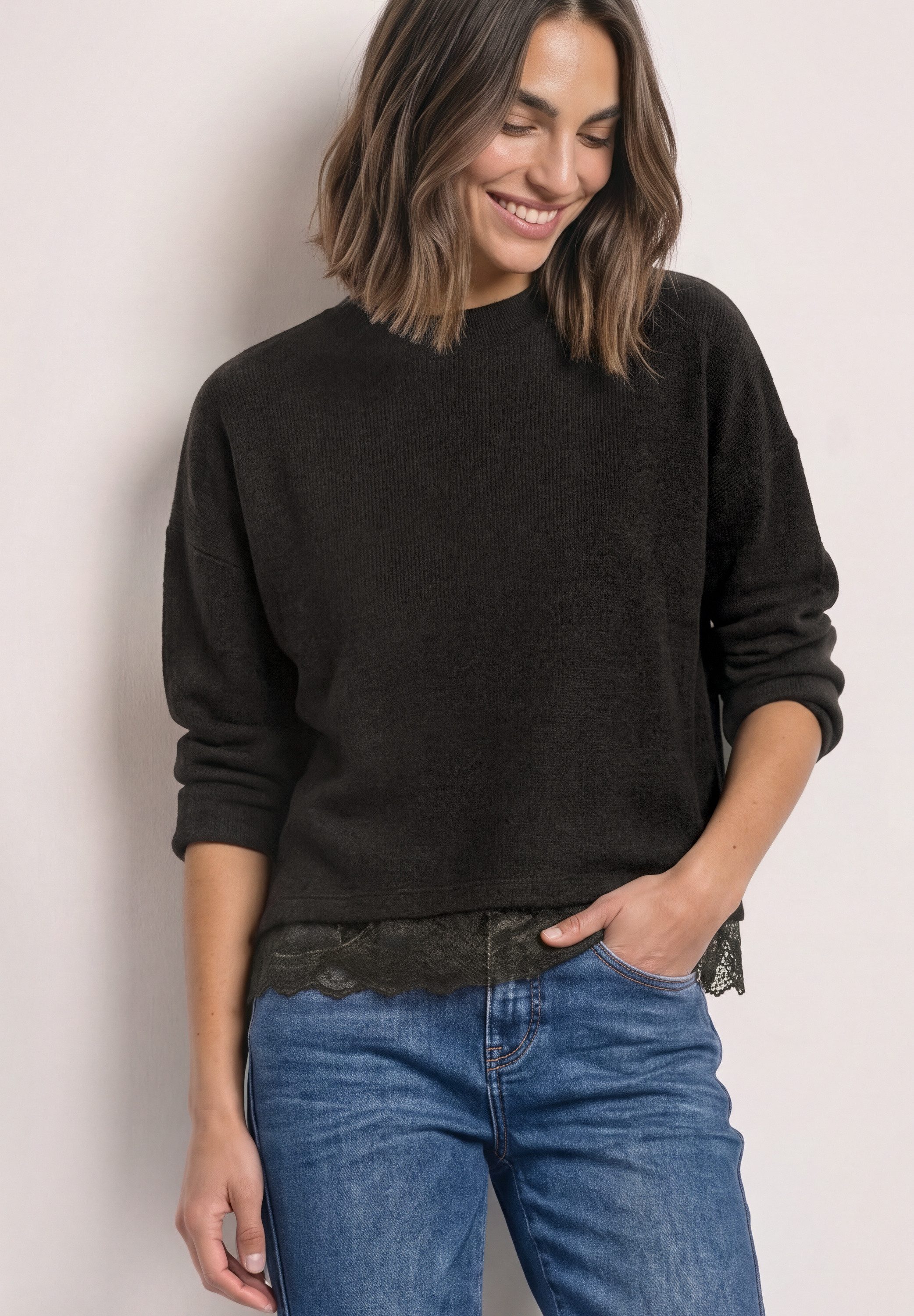 STREET ONE Strickpullover Spitzenbesatz am Saum, Melange-Look