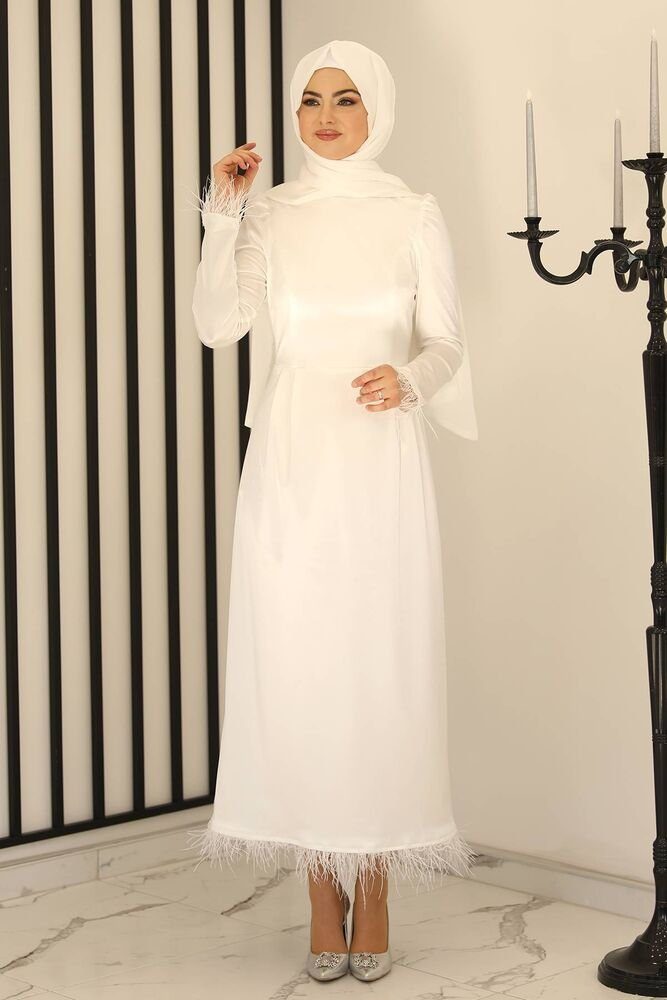 Modavitrini Satinkleid Damen Abendkleid Hijab Kleid Satin Abiye Abaya Modest Fashion Satin glänzend Ekru-Weiß