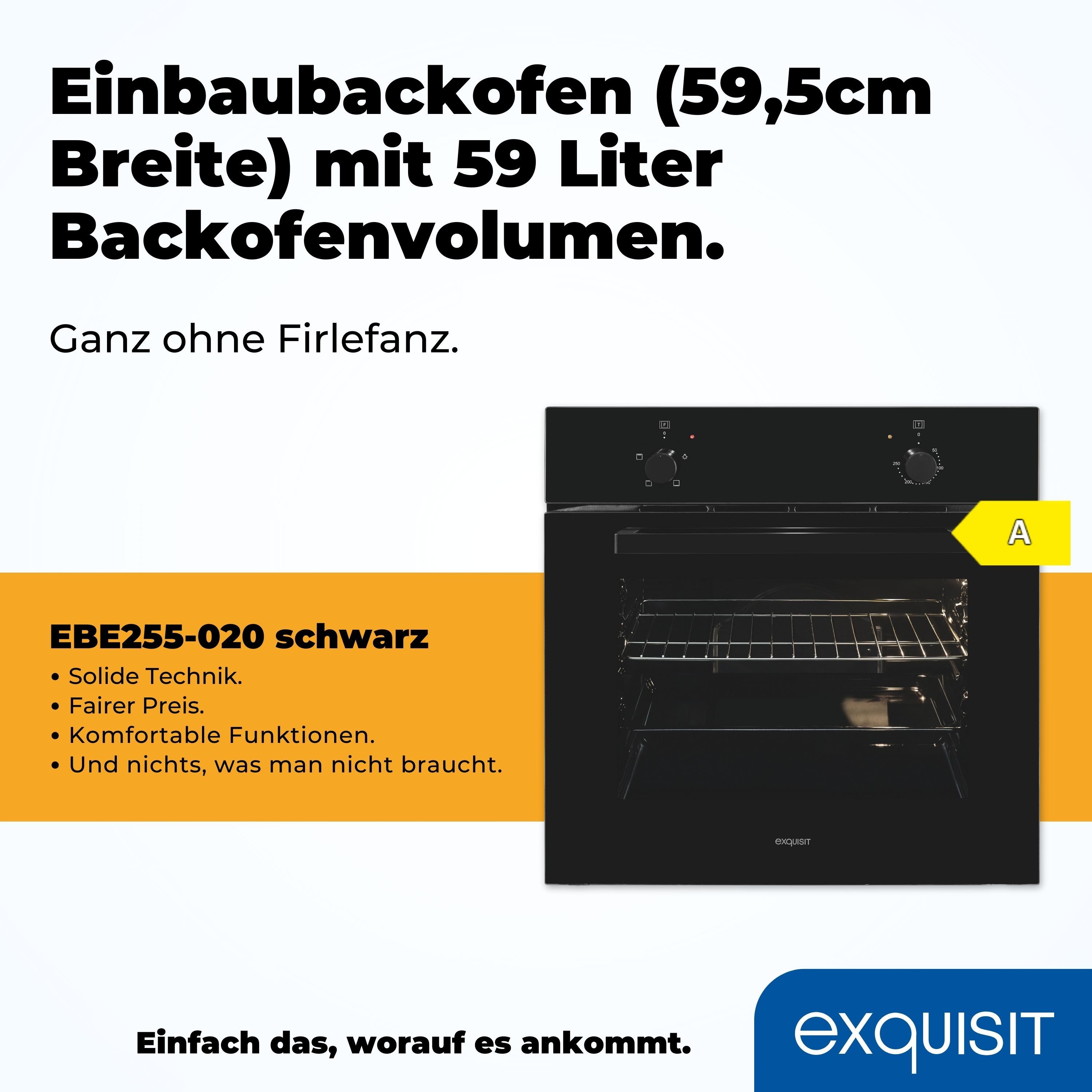 exquisit Einbaubackofen EBE255-020 schwarz, Klassisch, einfach kochen&backen mit allem drin:Grill,Licht,Backblech!