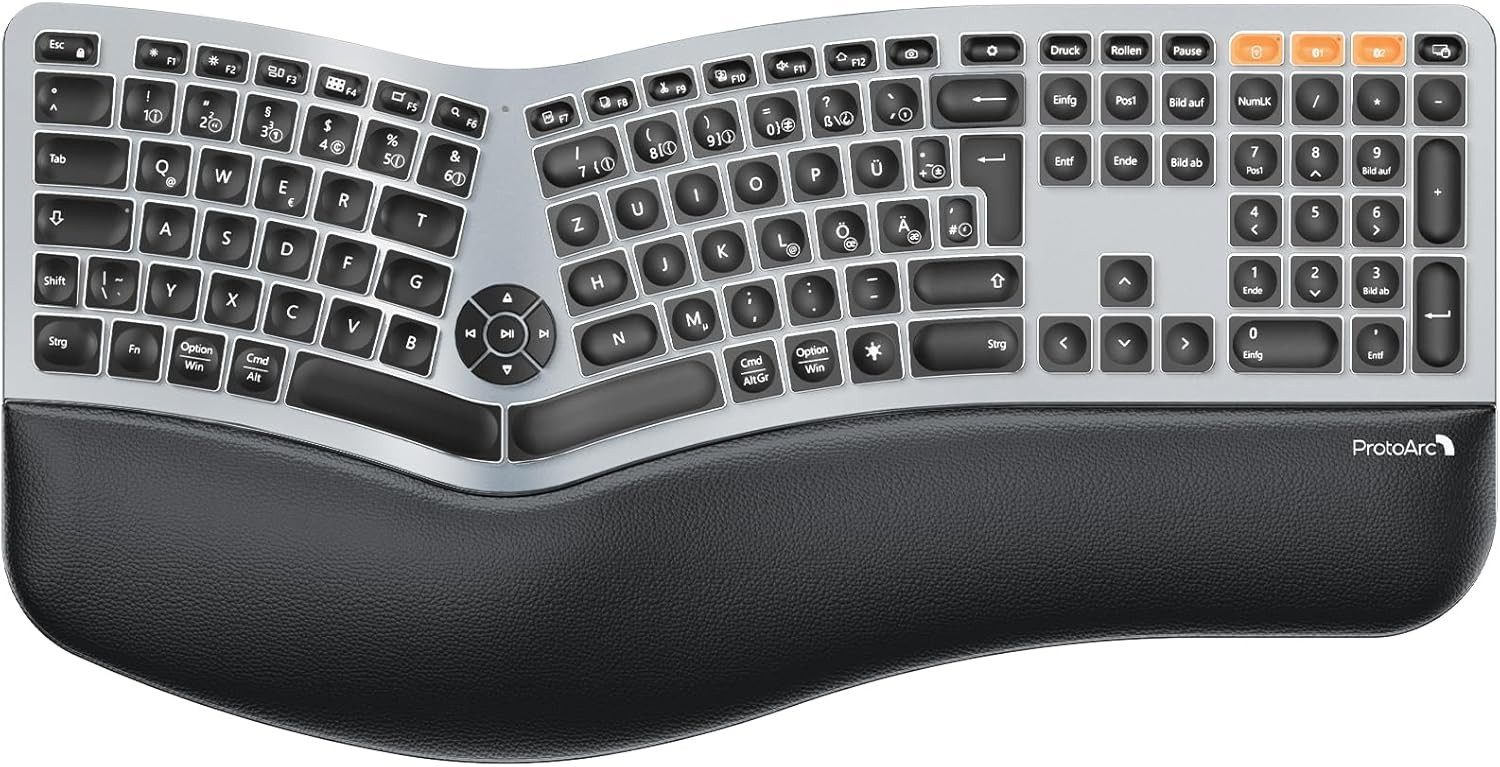 ProtoArc EK01 Plus Ergonomische Tastatur Kabellos Beleuchtet Tastatur (Full Size Ergo Funktastatur Wireless Split Keyboard)