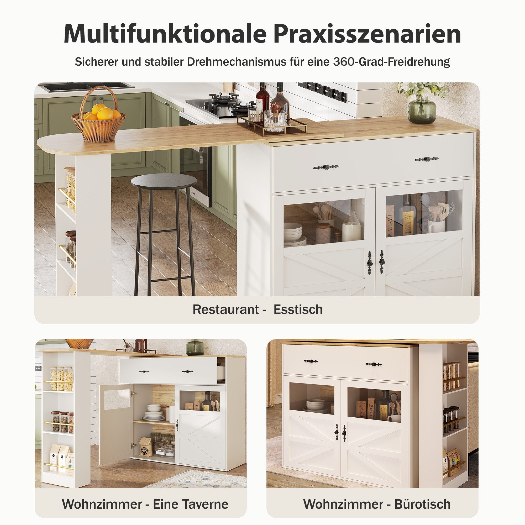 i@home Bartisch Ausziehbarer Bartisch mit Stauraum(138-204×39×104cm), 360° drehbare Essbar,mit Regalen,schwarz/weiß – Bild 4 von 5