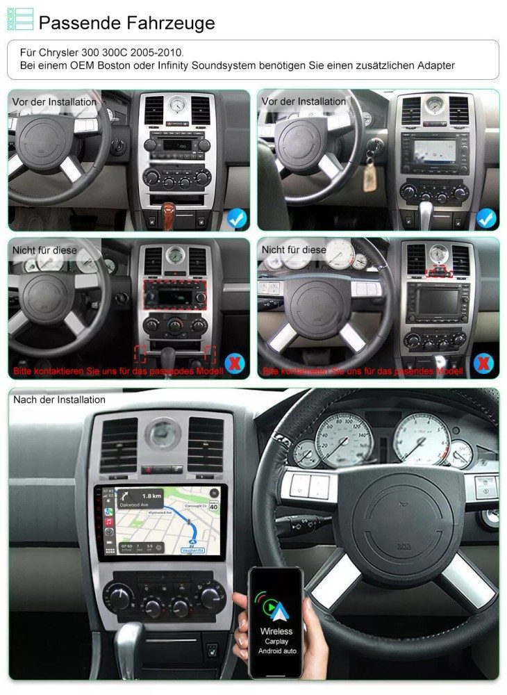 ESSGOO Für Chrysler 300C 2005-2010 Android 15 GPS Navi WIFI BT SWC Autoradio (RDS, Digitalradio (DAB), FM, AM, Carplay Android Auto GPS Navi WIFI BT SWC)